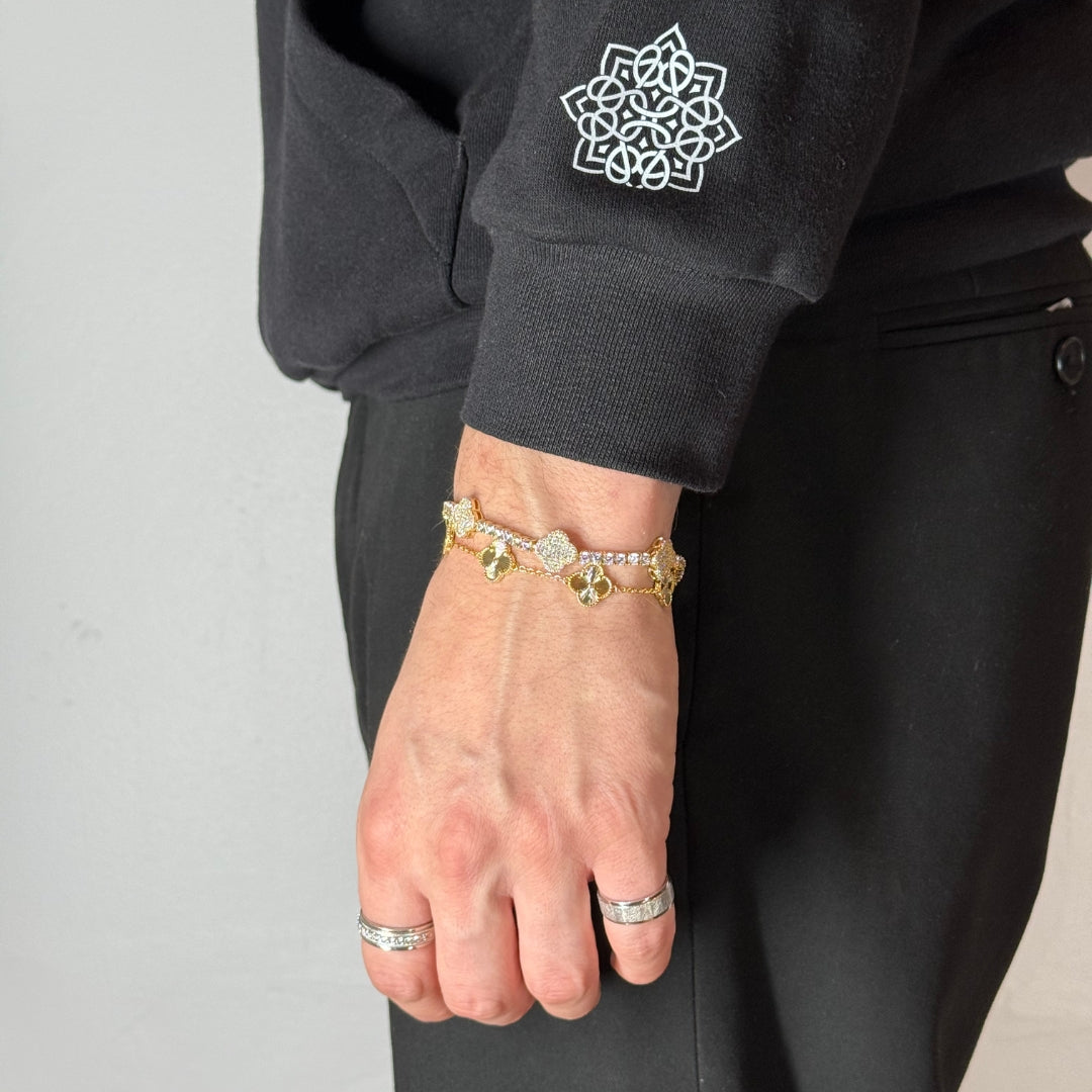 Clover Leaf Zircon Tennis Bracelet + Clover Bracelet Yellow Gold Plated