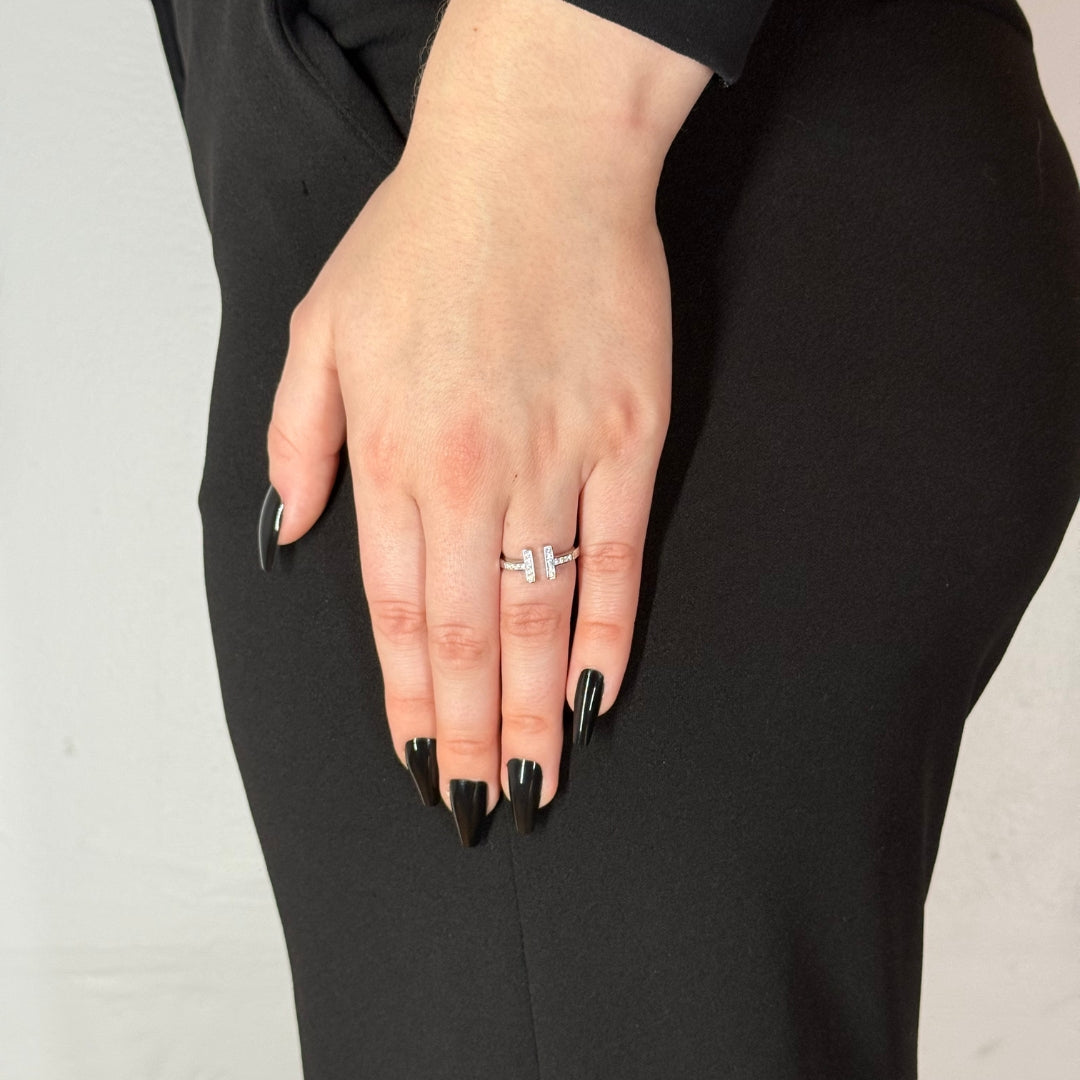 Silver Zircon T Ring Rhodium Plated