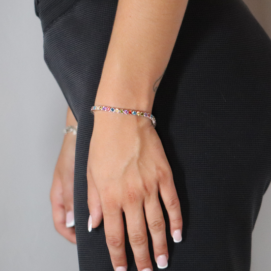 4mm Zircon Tennis Bracelet Multi Colour Rhodium Plated