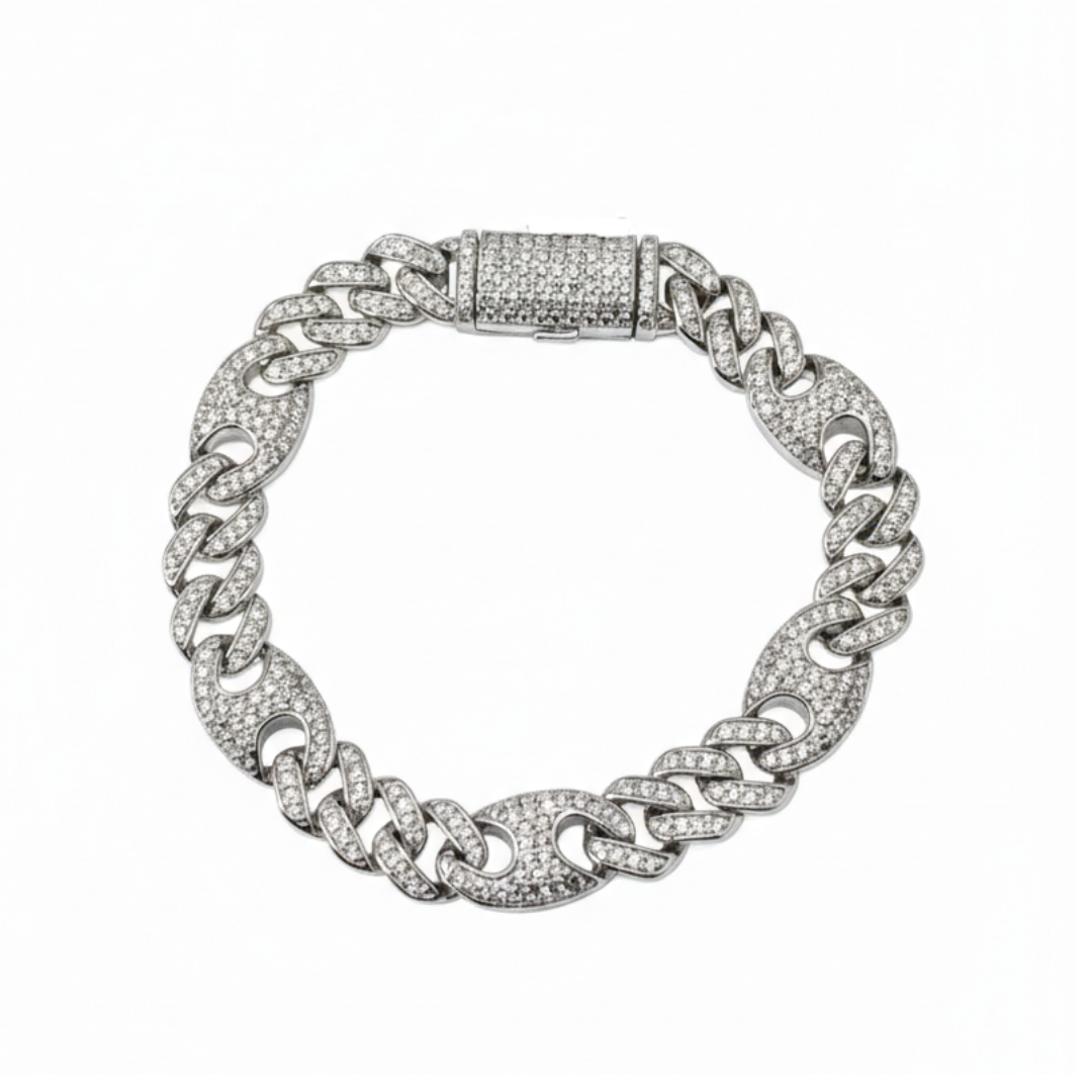 10mm Silver Moissanite Cuban Grain Link Bracelet