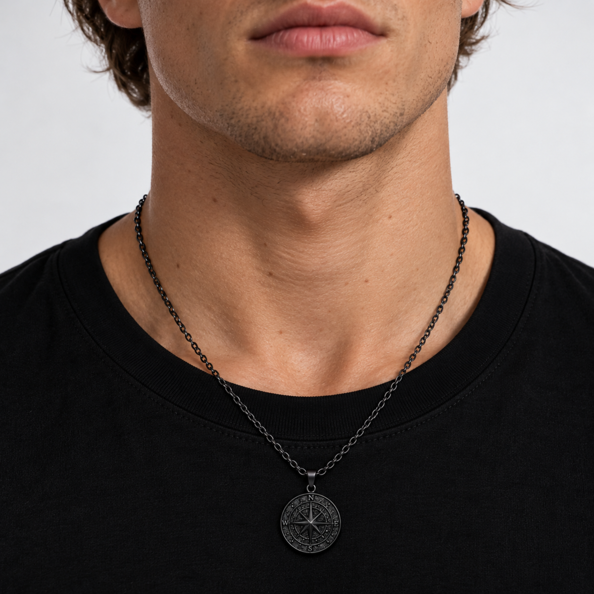 Black Stainless Compass Pendant + Chain