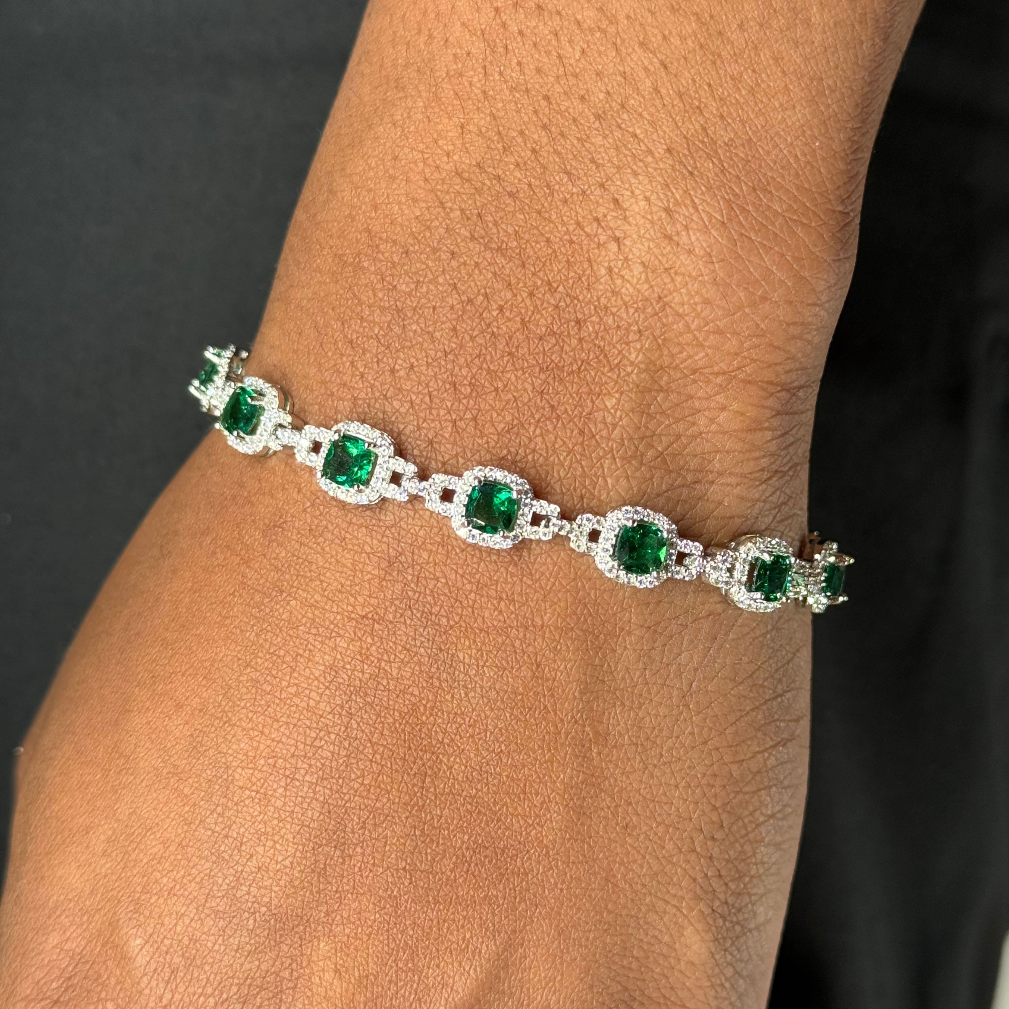 7mm Green Emerald & Zircon Silver Bracelet Rhodium Plated
