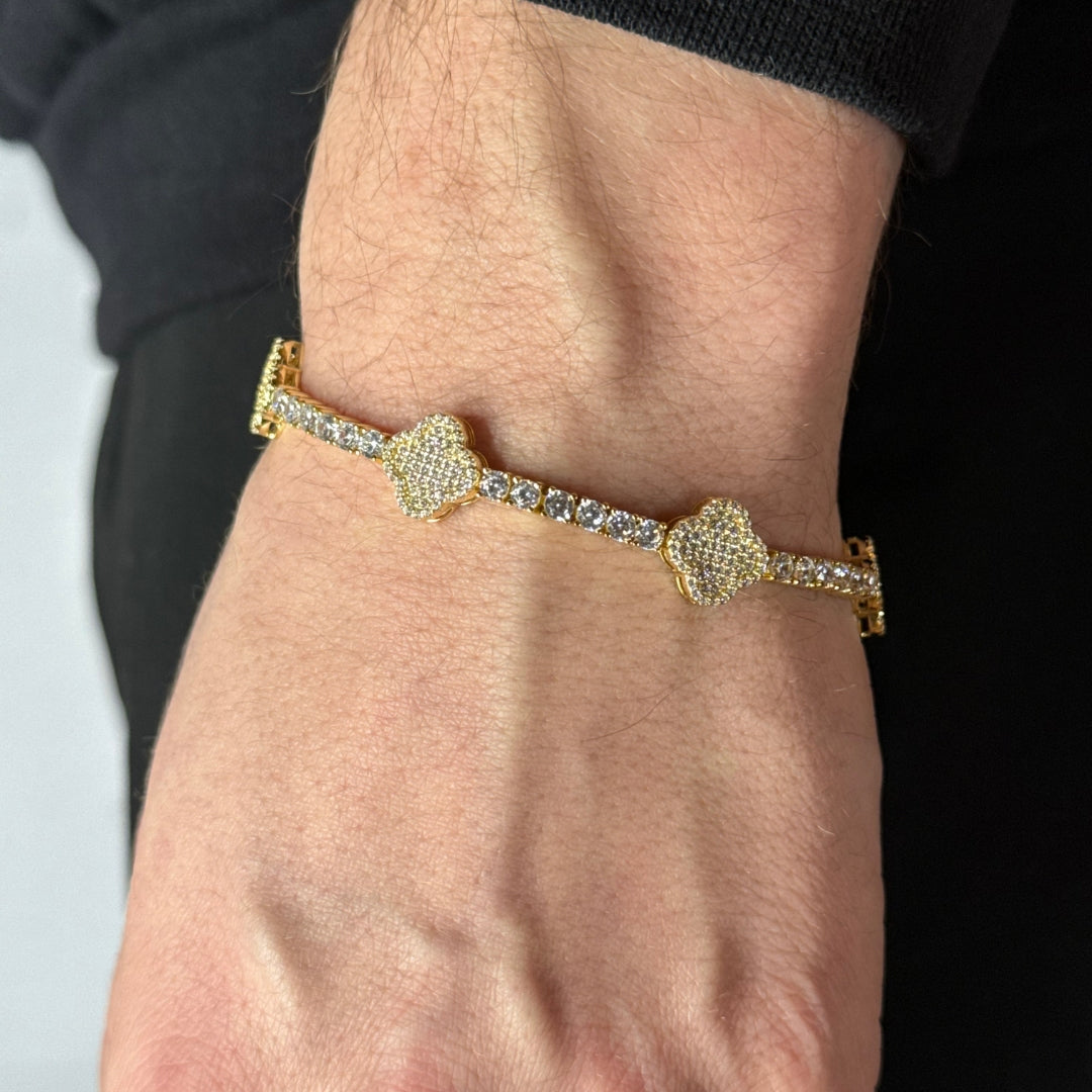 3mm Moissanite Tennis Bracelet + Clover Leaf Zircon Tennis Bracelet Yellow Gold Plated