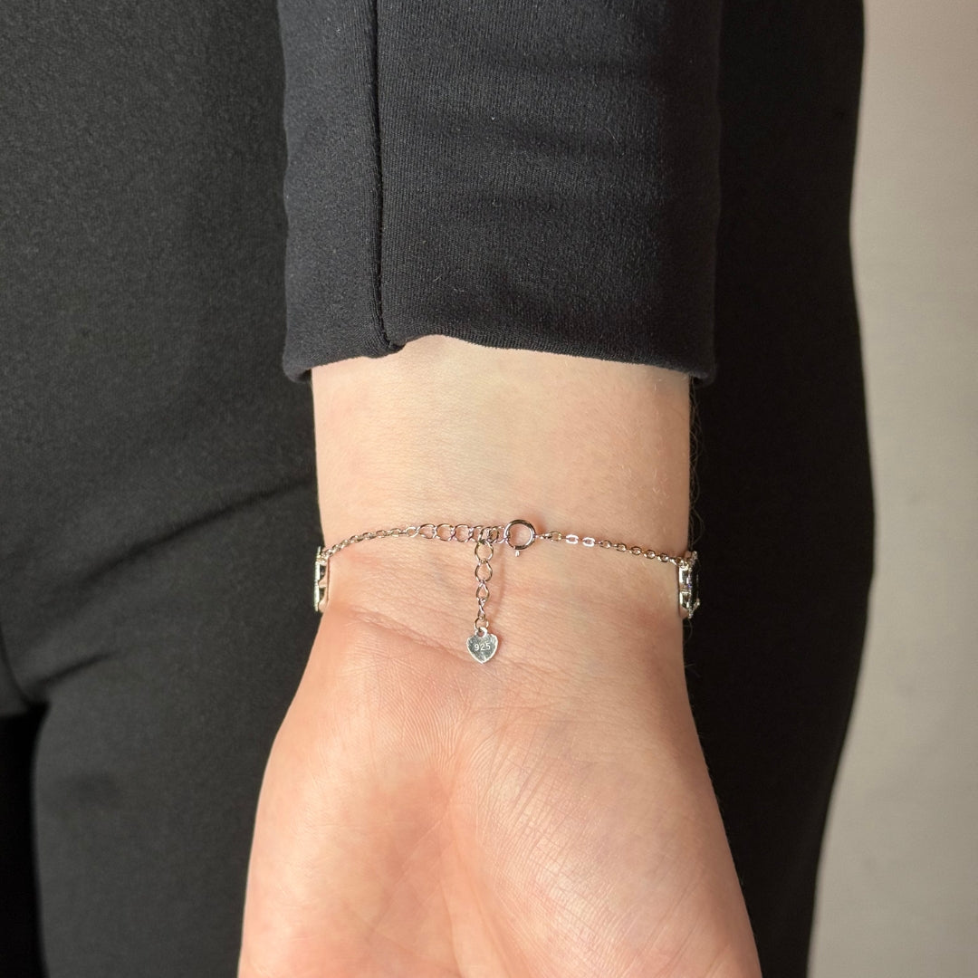 Bracelet en argent, zircon et onyx à motif trèfle 