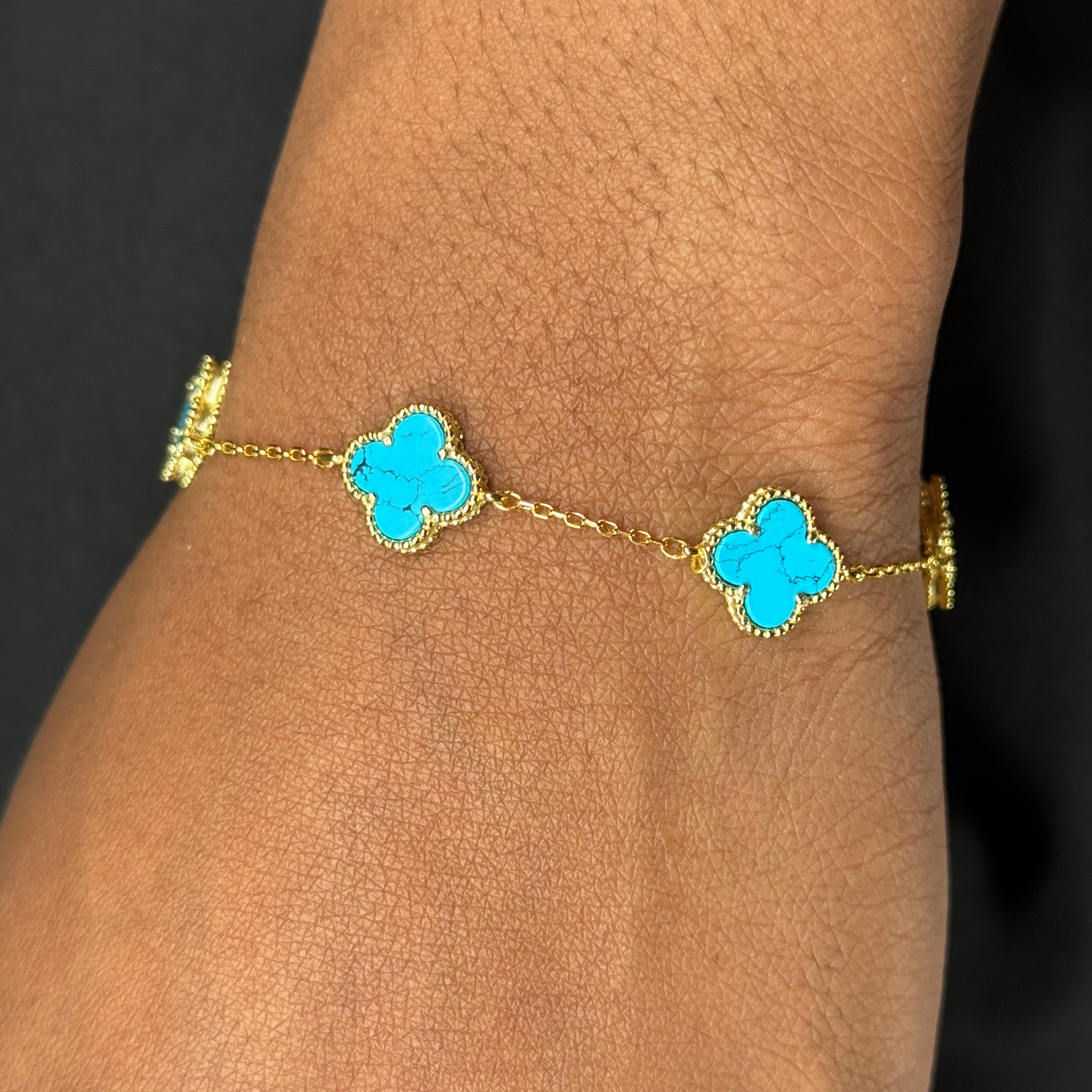 Clover Turquoise Silver Bracelet Yellow Gold Plated