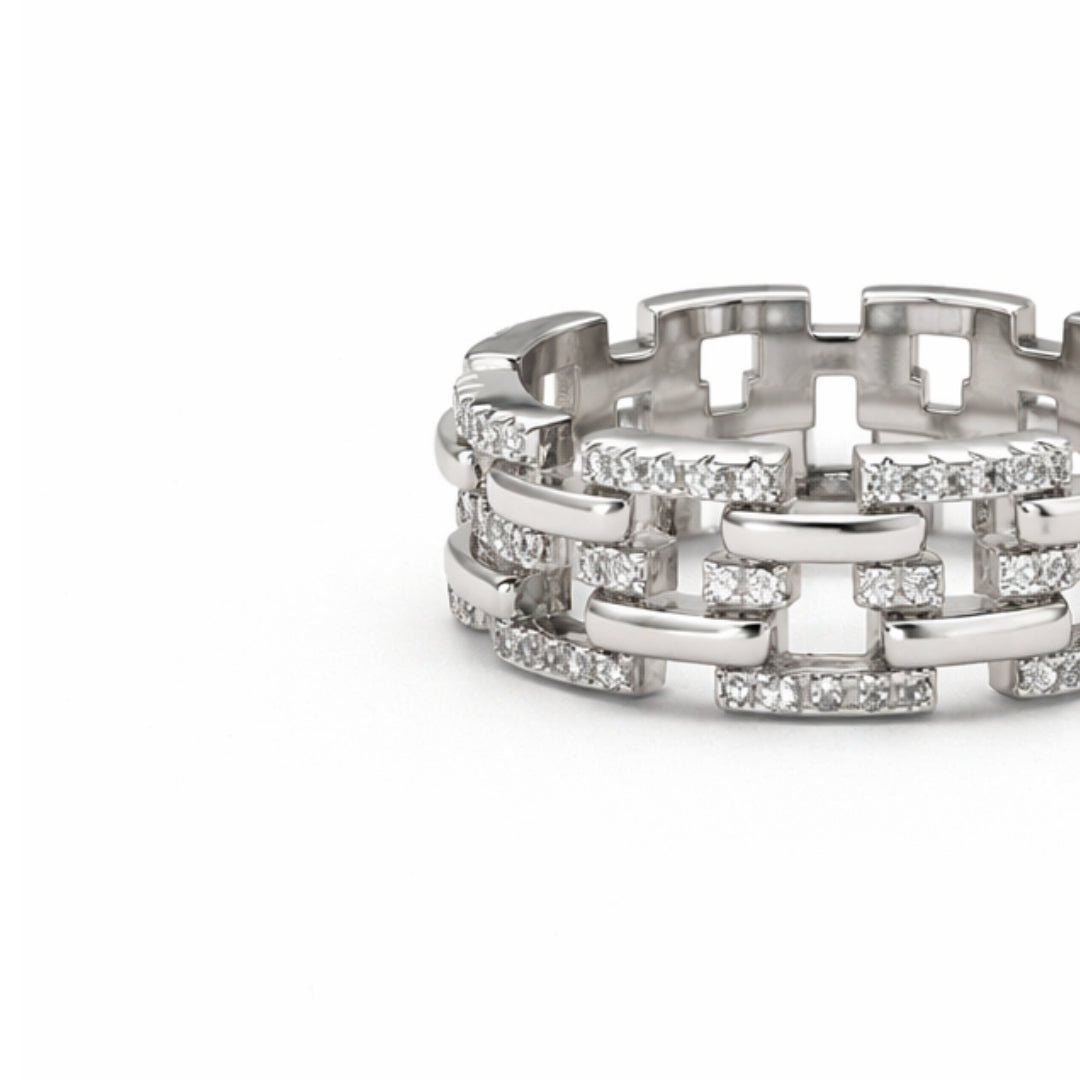 Silver Zircon Square Link Ring