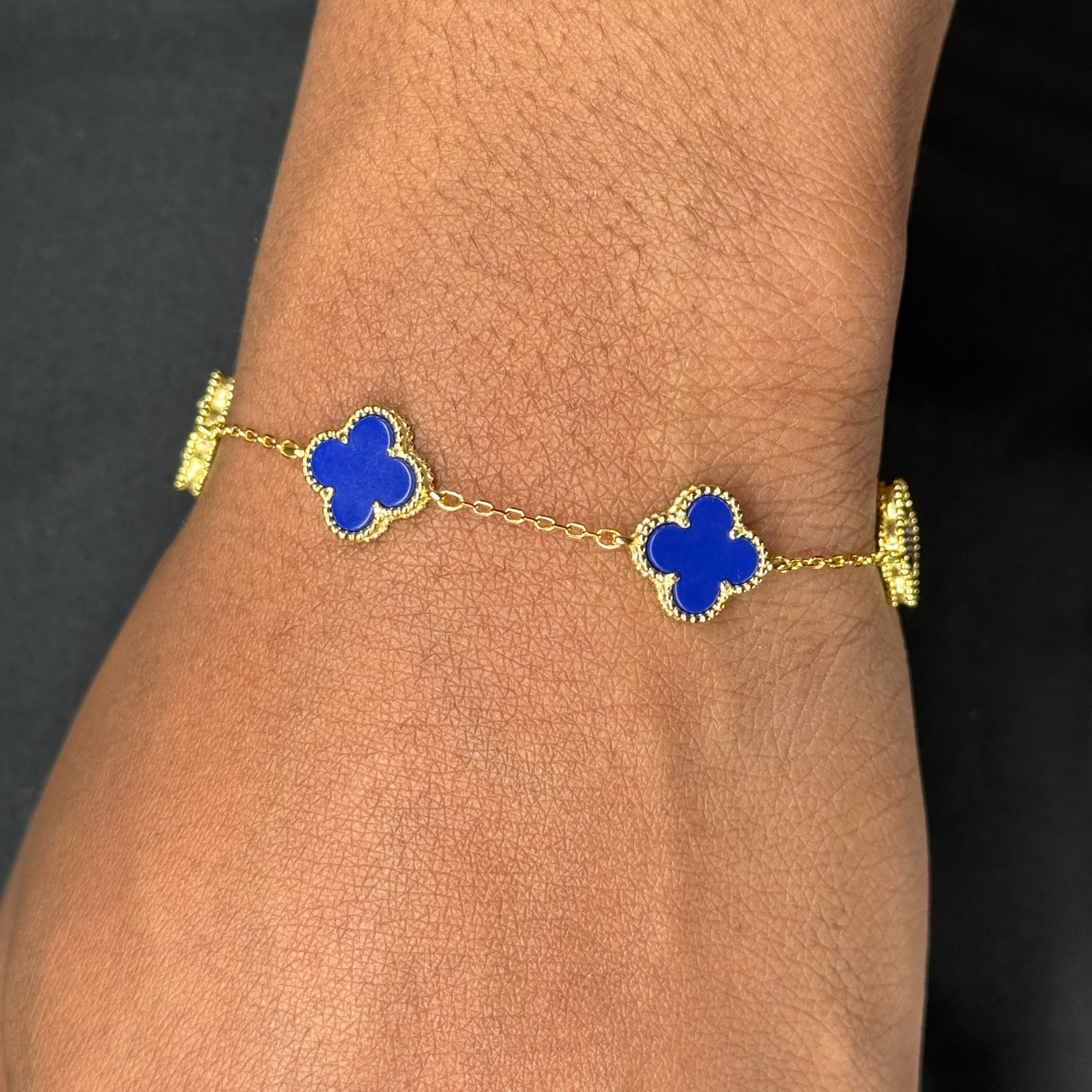 Clover Blue Lapis Silver Bracelet Yellow Gold Plated