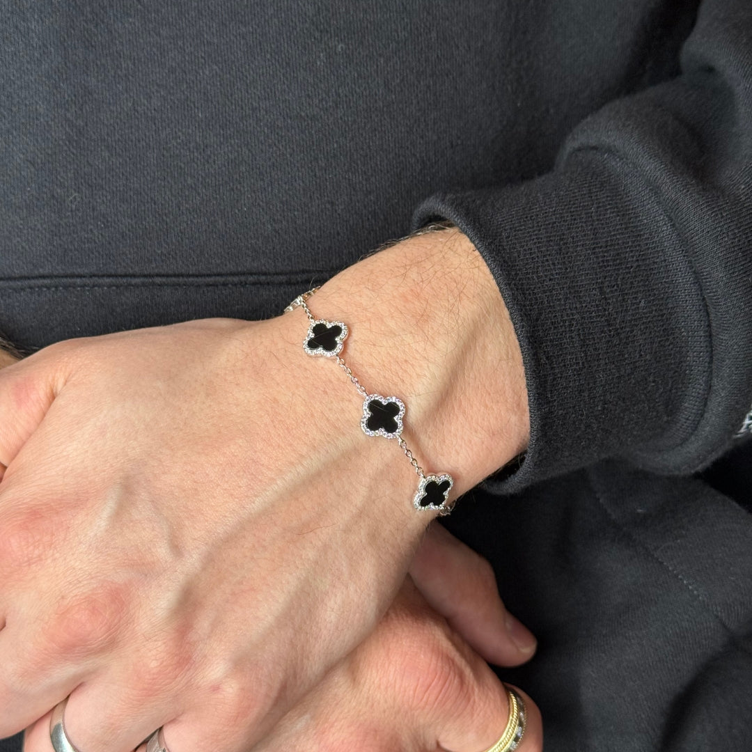 Bracelet en argent, zircon et onyx à motif trèfle 