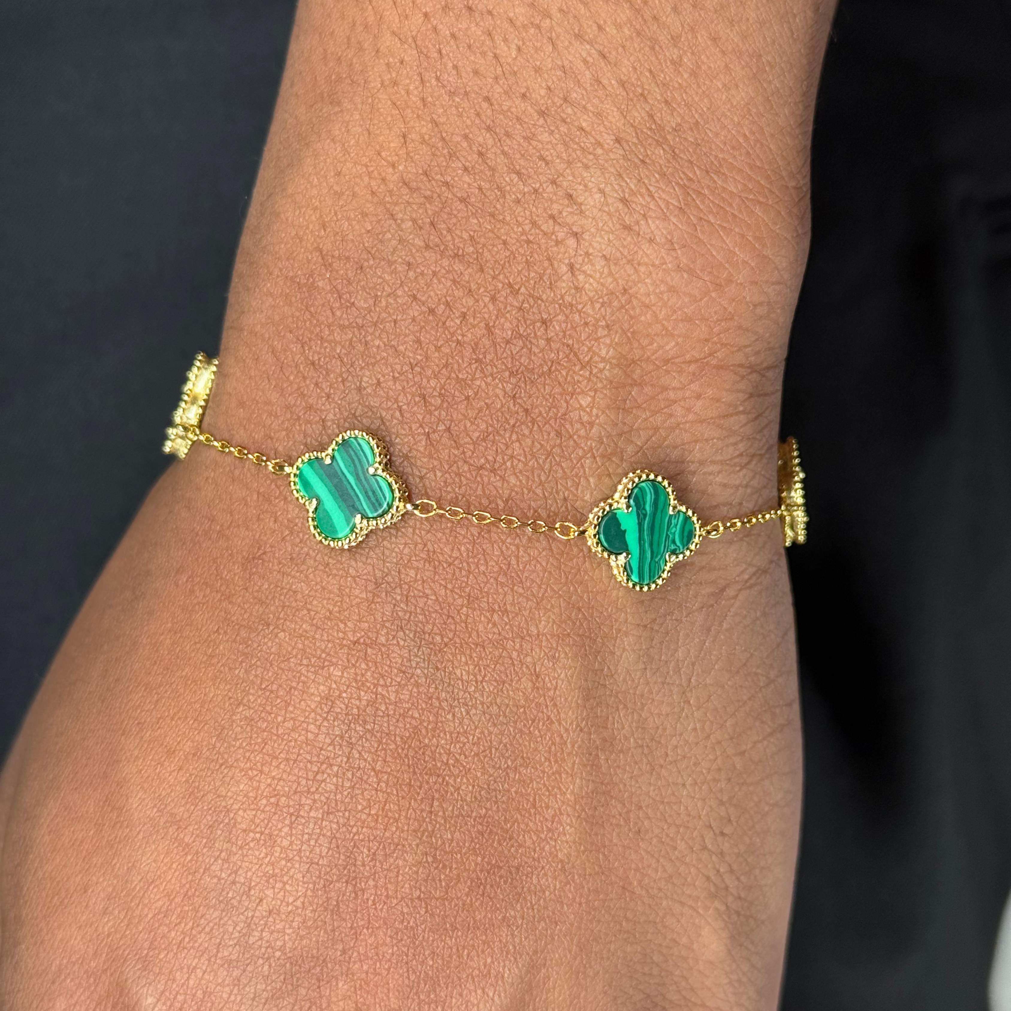 Clover Malachite Silver Bracelet Yellow Gold Plated