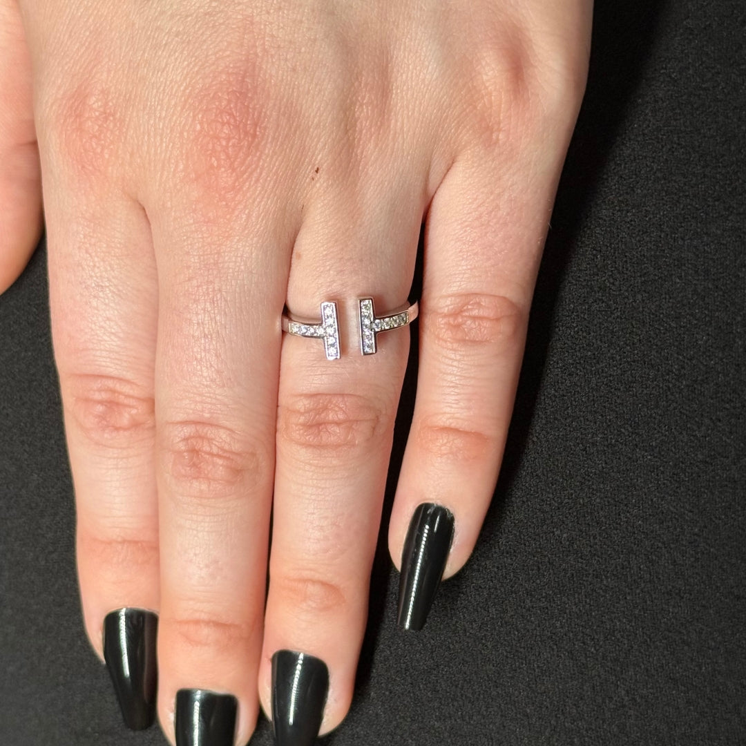 Silver Zircon T Ring Rhodium Plated