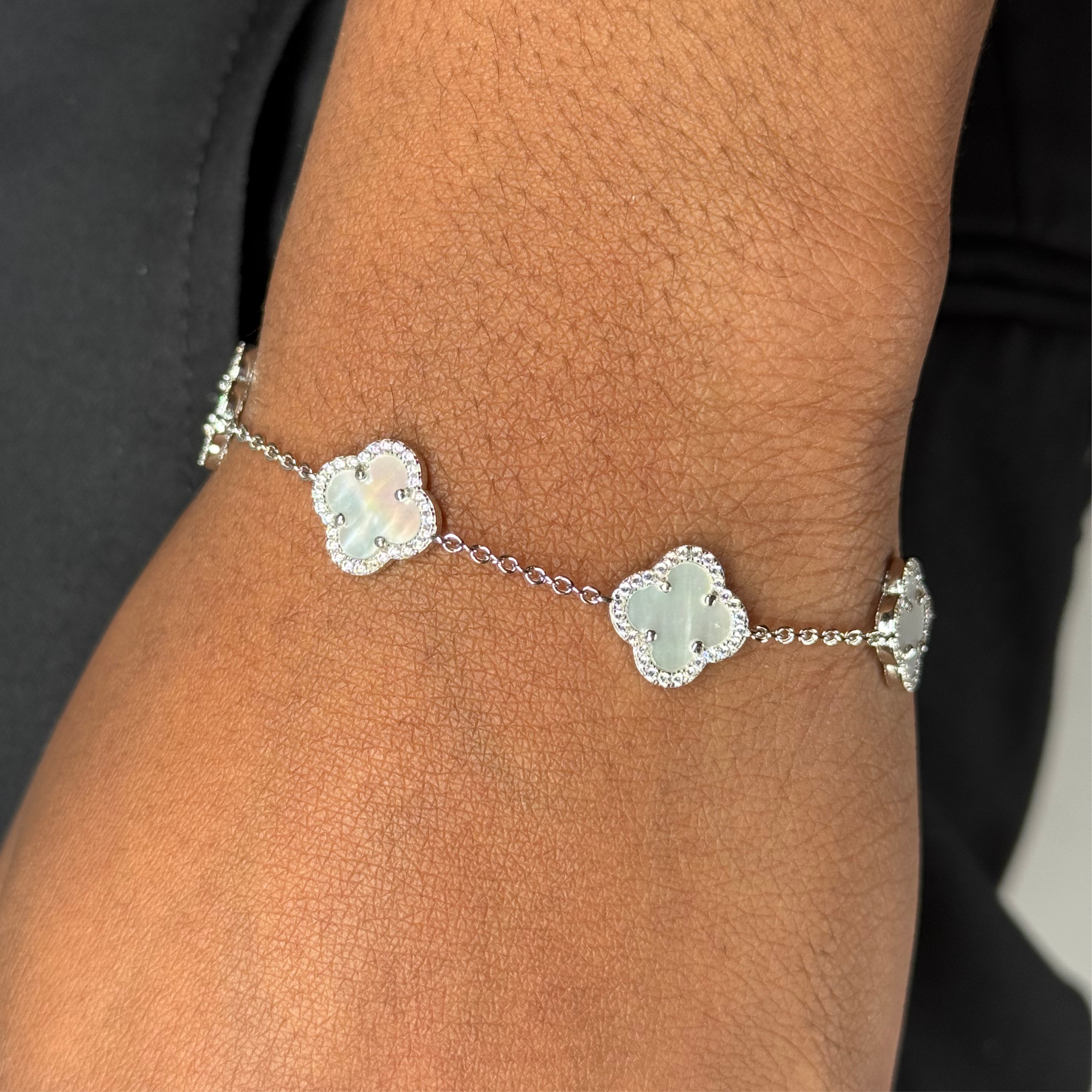 Clover Zircon Mother Of Pearl Mini Bracelet Rhodium Plated