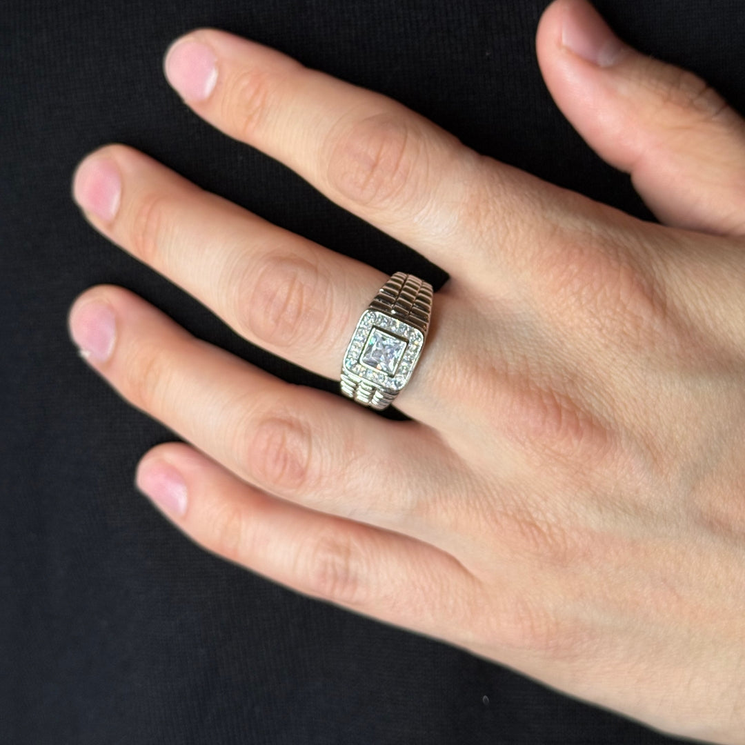 Silver Zircon Mens Rhodium Ring