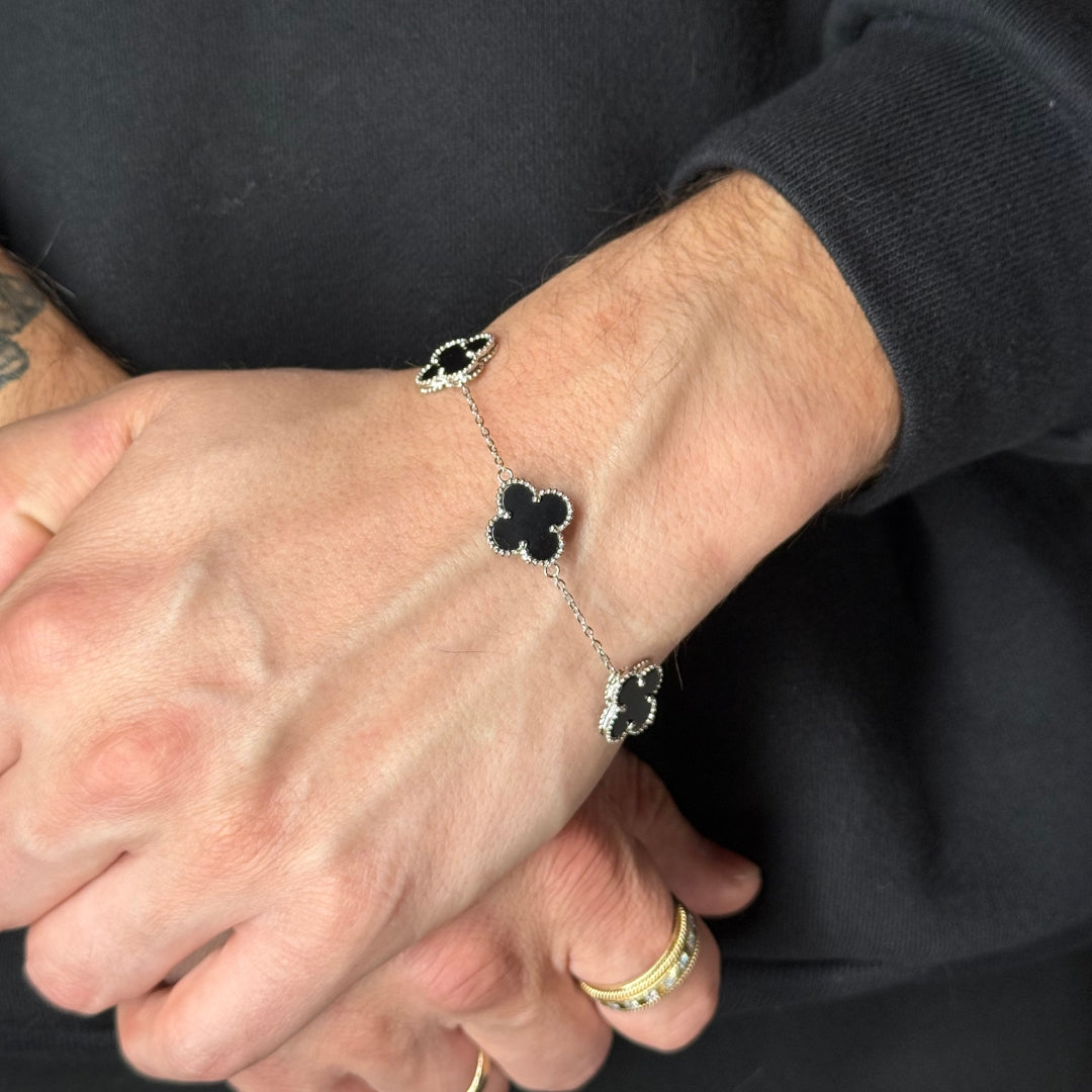 Bracelet en argent et onyx trèfle 