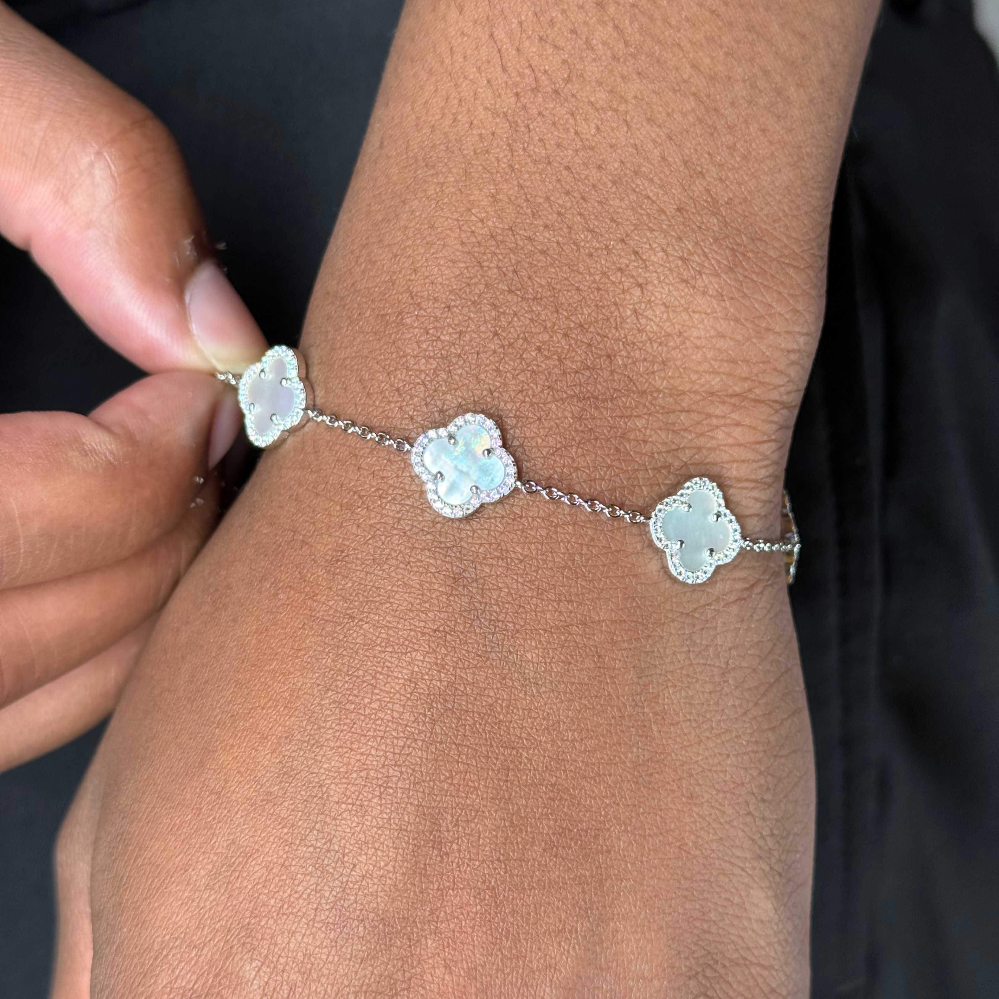 Clover Zircon Mother Of Pearl Mini Bracelet Rhodium Plated