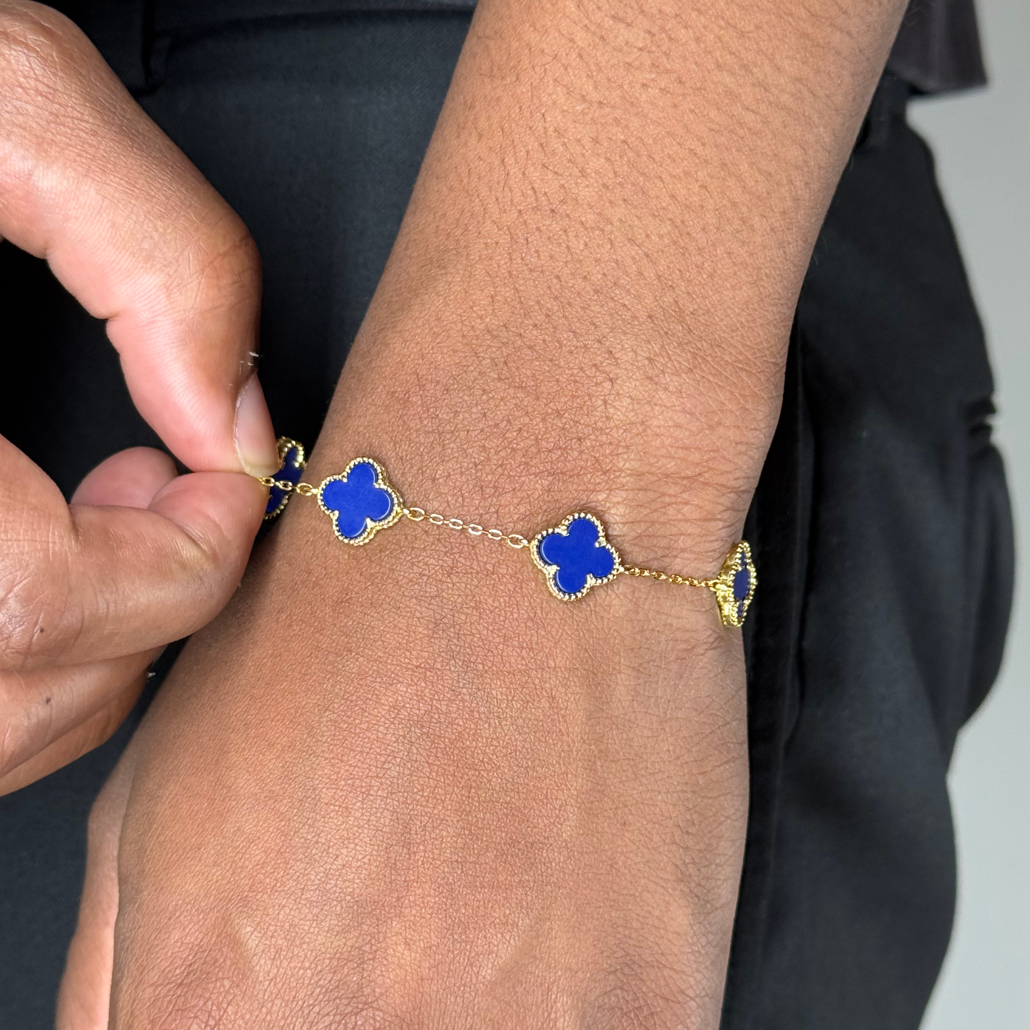 Clover Blue Lapis Silver Bracelet Yellow Gold Plated