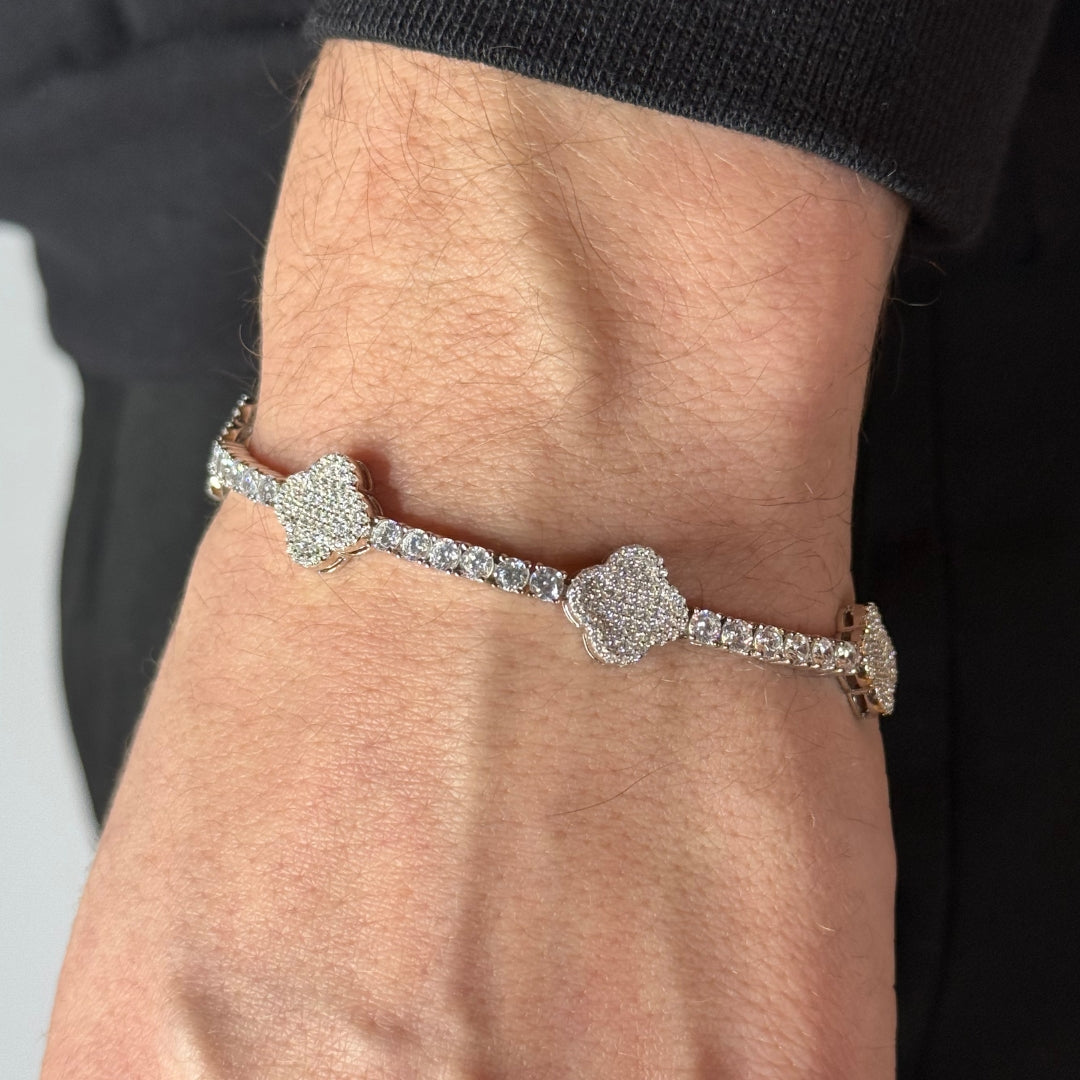 3mm Moissanite Tennis Bracelet + Clover Leaf Zircon Tennis Bracelet Rhodium Plated