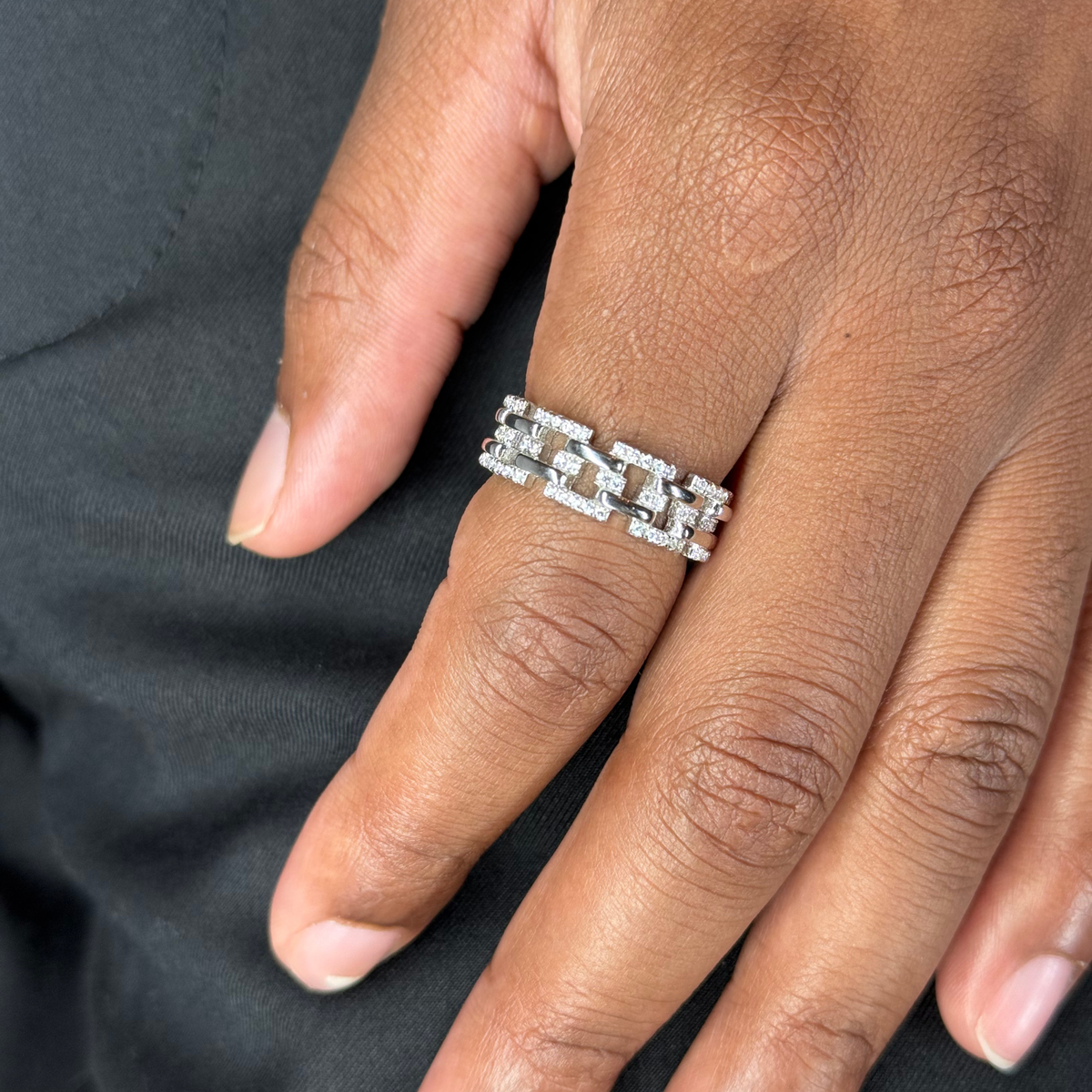 Silver Zircon Square Link Ring