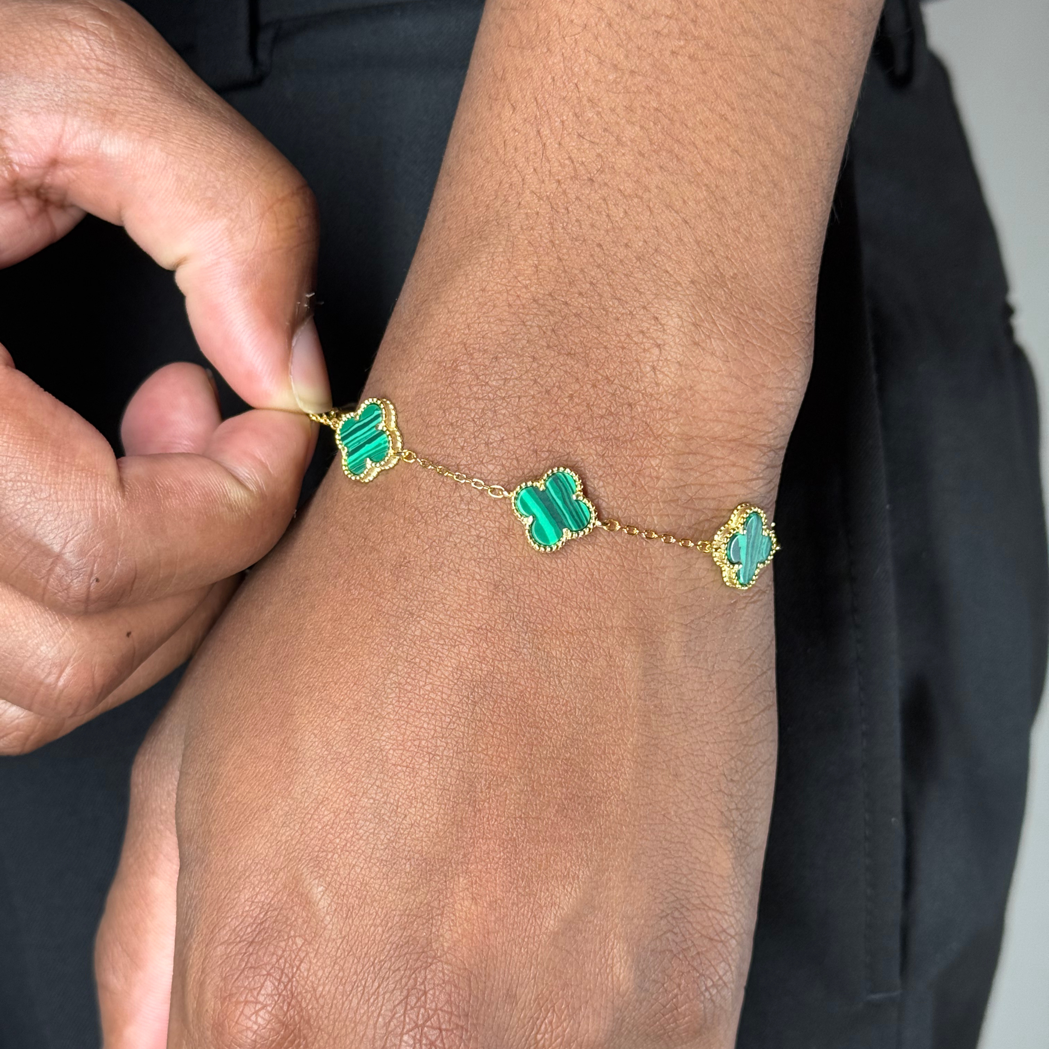 Clover Malachite Silver Bracelet Yellow Gold Plated