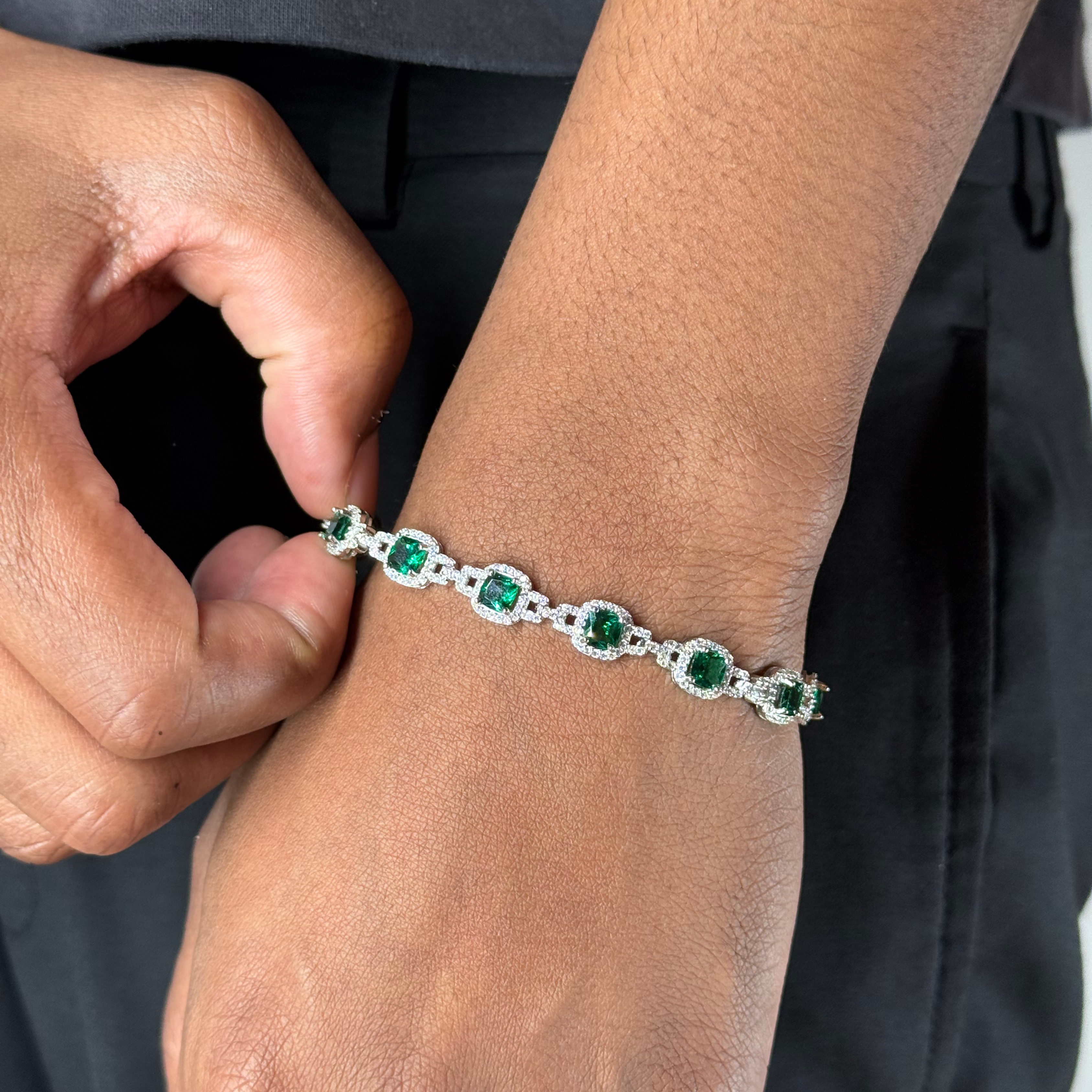 7mm Green Emerald & Zircon Silver Bracelet