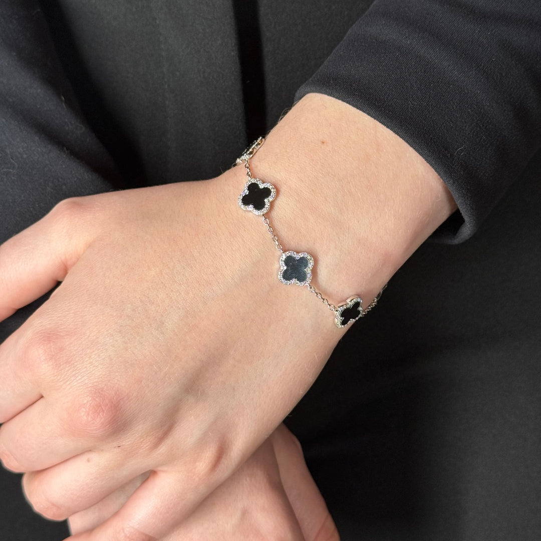 Bracelet en argent, zircon et onyx à motif trèfle 