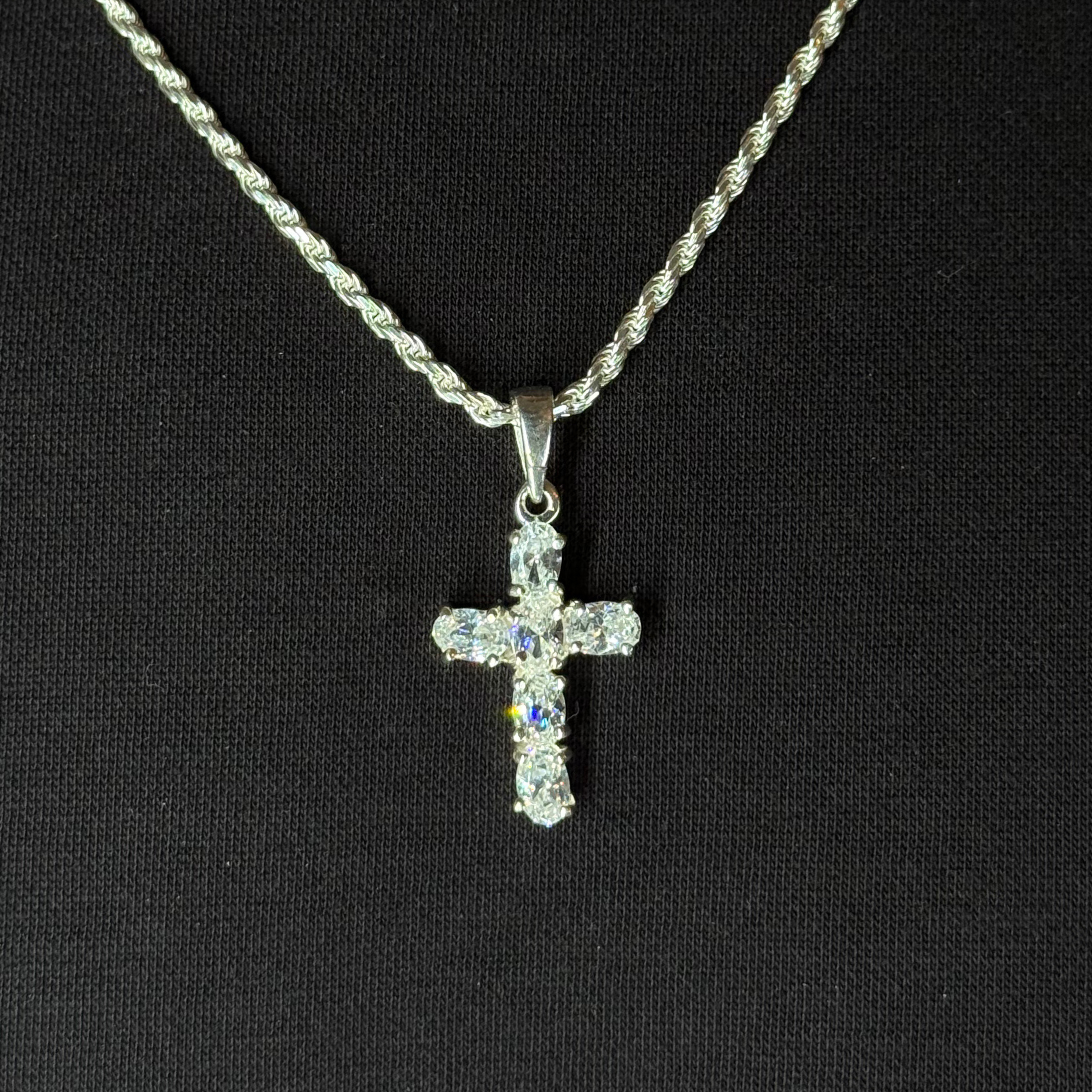 Oval Zircon Cross Pendant Rhodium Plated
