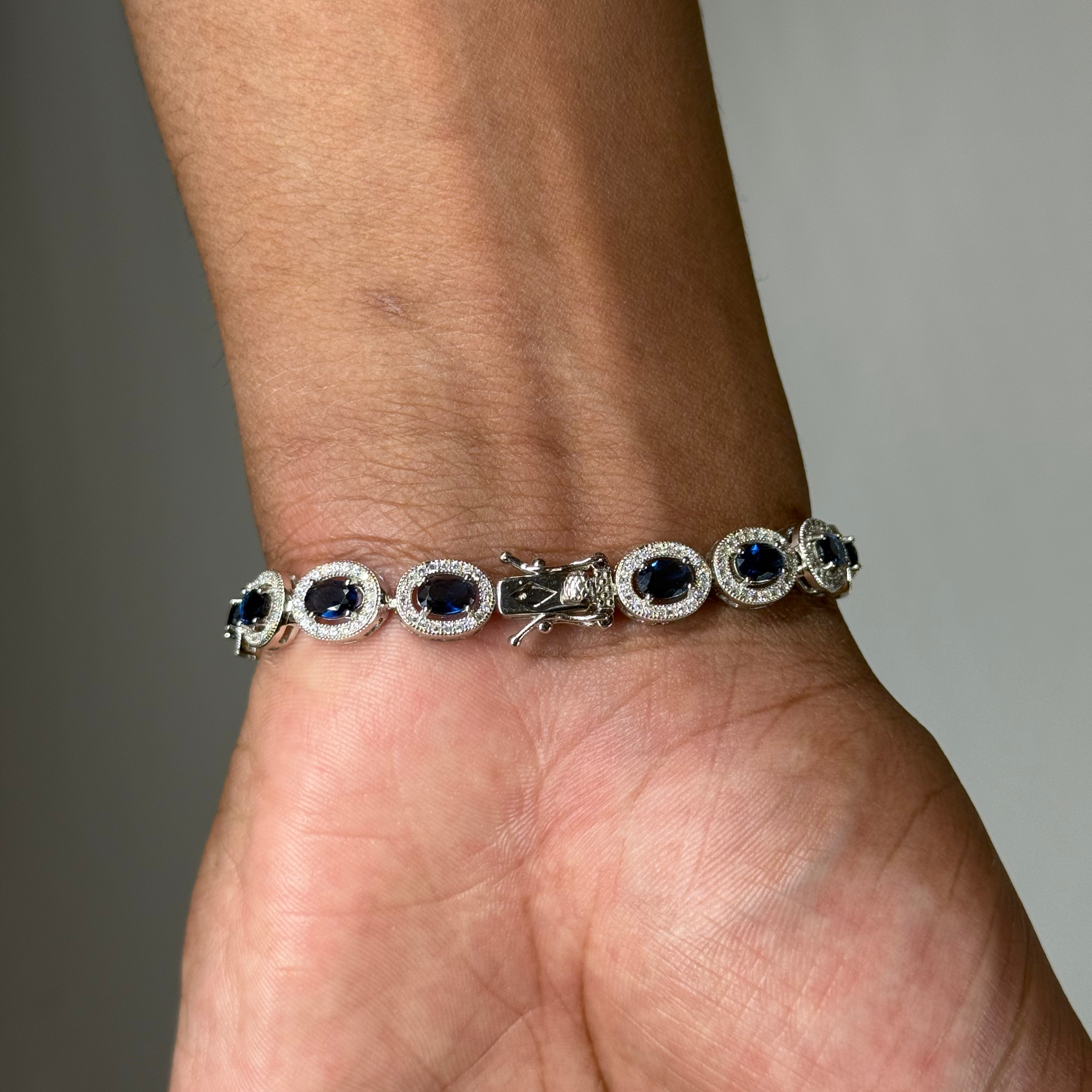 8mm Blue Sapphire & Zircon Oval Silver Bracelet Rhodium Plated