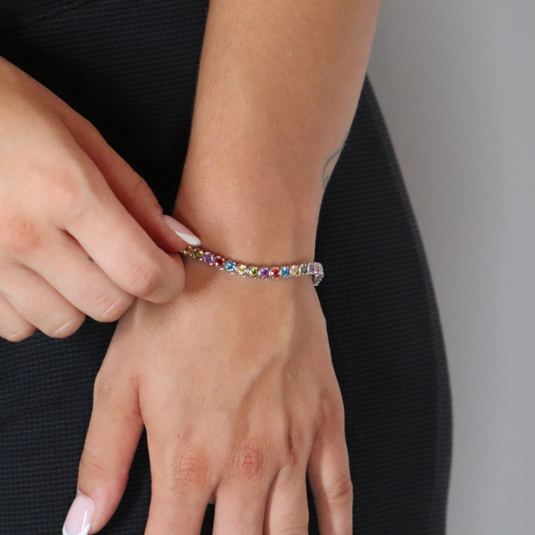 4mm Zircon Tennis Bracelet Multi Colour Rhodium Plated