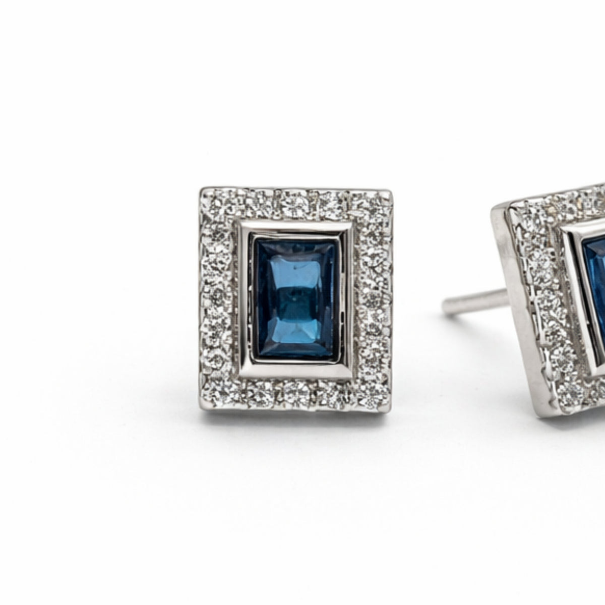 Silver Sapphire & Zircon Rectangle Earrings