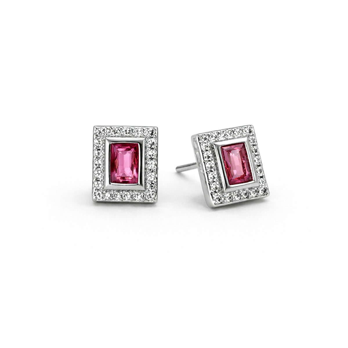 Silver Ruby & Zircon Rectangle Earrings