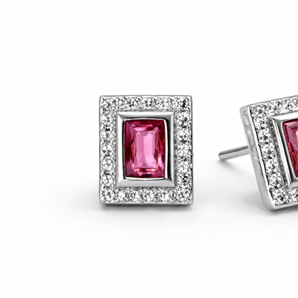 Silver Ruby & Zircon Rectangle Earrings