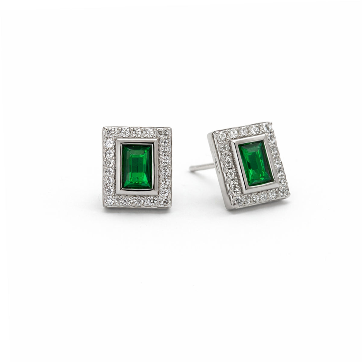 Silver Emerald & Zircon Rectangle Earrings