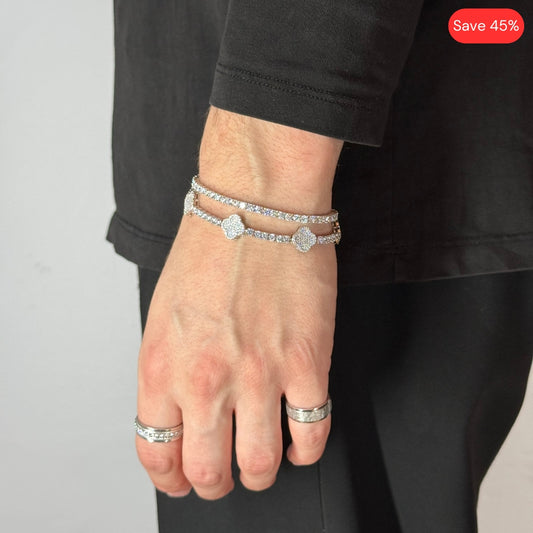 Bracelet de tennis en moissanite de 3 mm + bracelet de tennis en zircon à motif trèfle, plaqué rhodium 