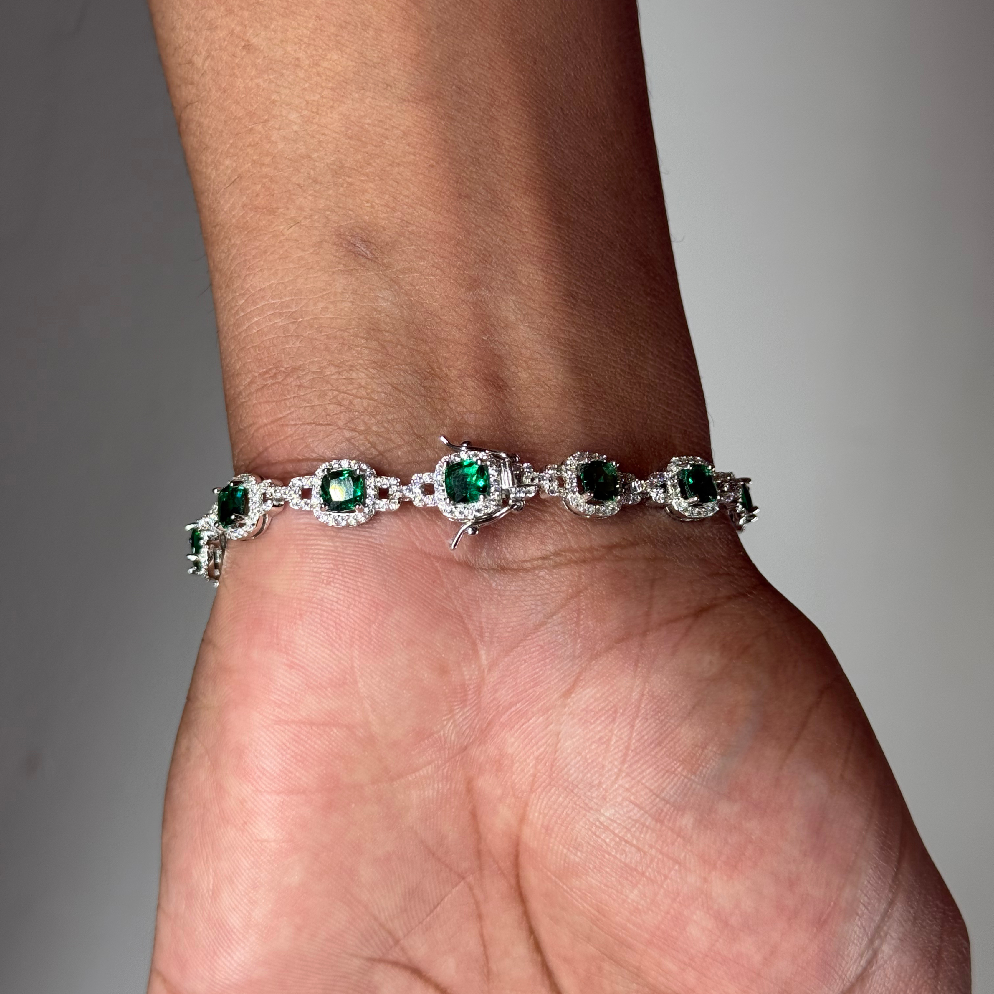 7mm Green Emerald & Zircon Silver Bracelet Rhodium Plated