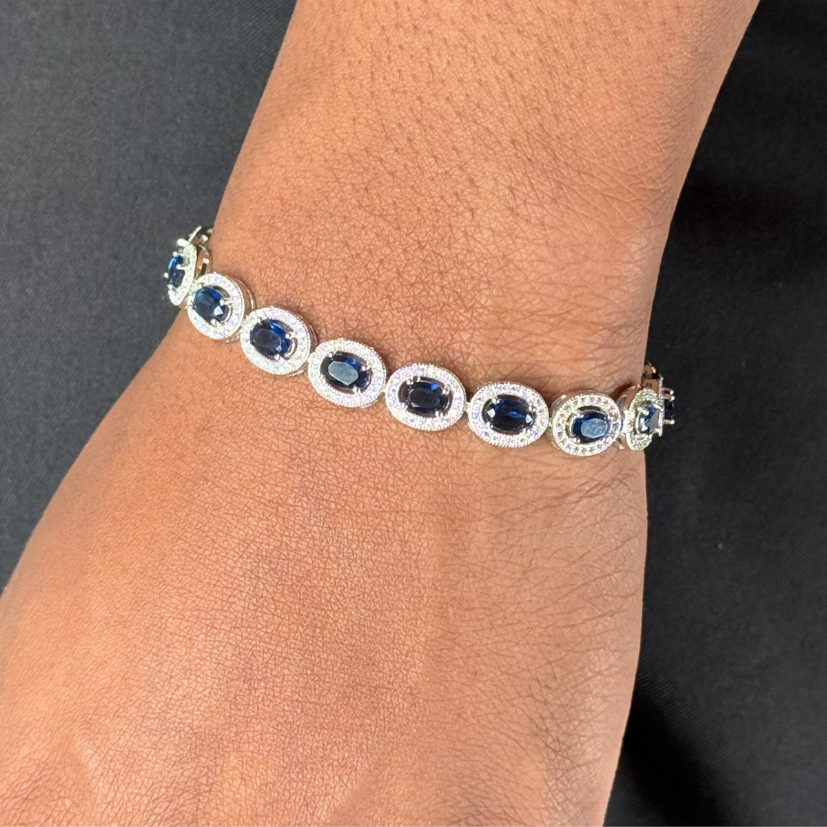 8mm Blue Sapphire & Zircon Oval Silver Bracelet