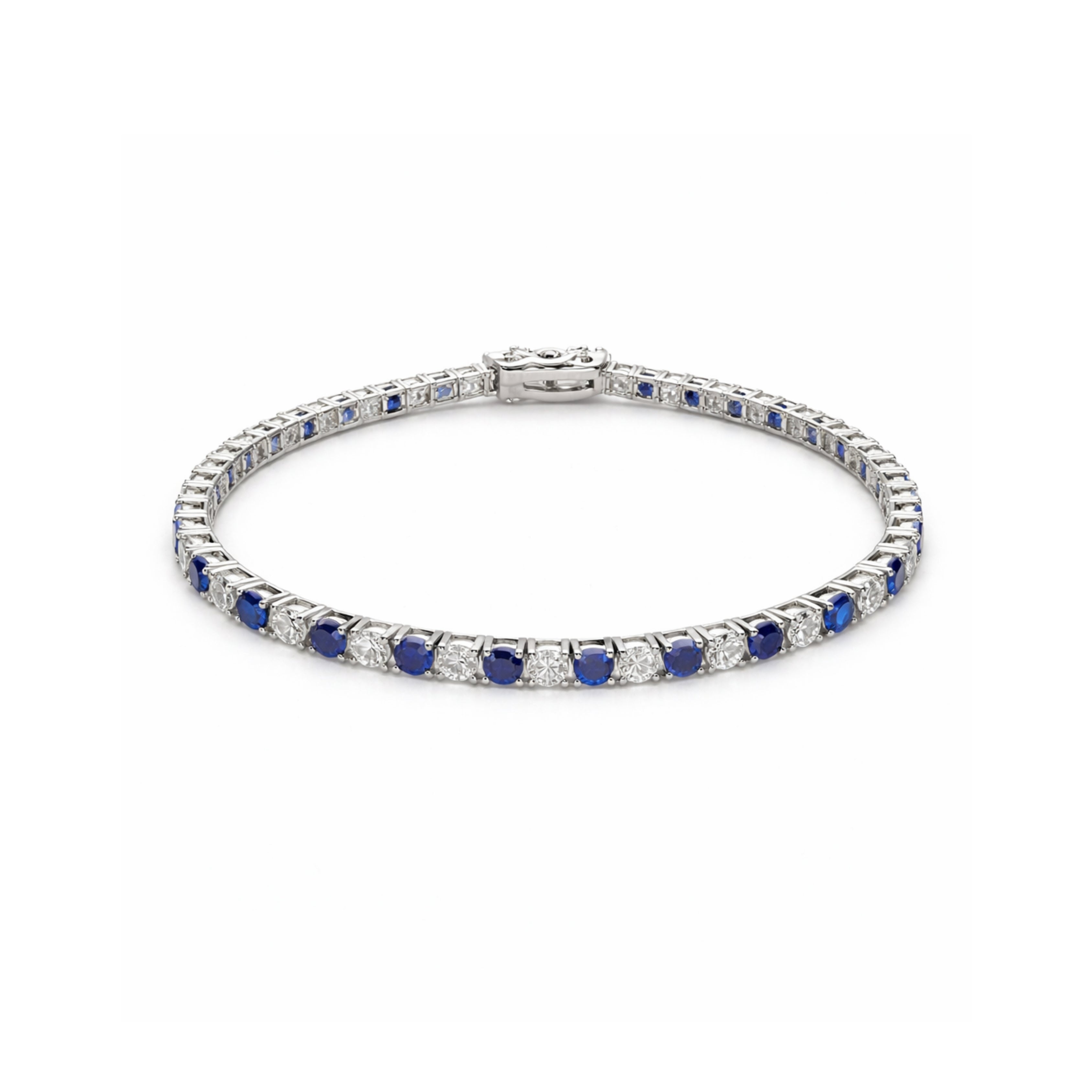 3mm Silver Zircon Blue & White Tennis Bracelet + Silver Eternity Blue & White Zircon Ring