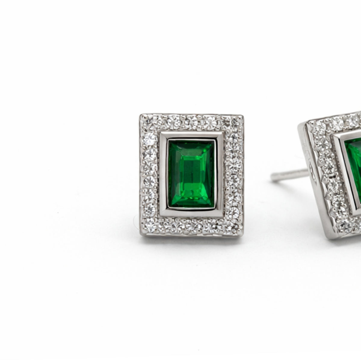 Silver Emerald & Zircon Rectangle Earrings