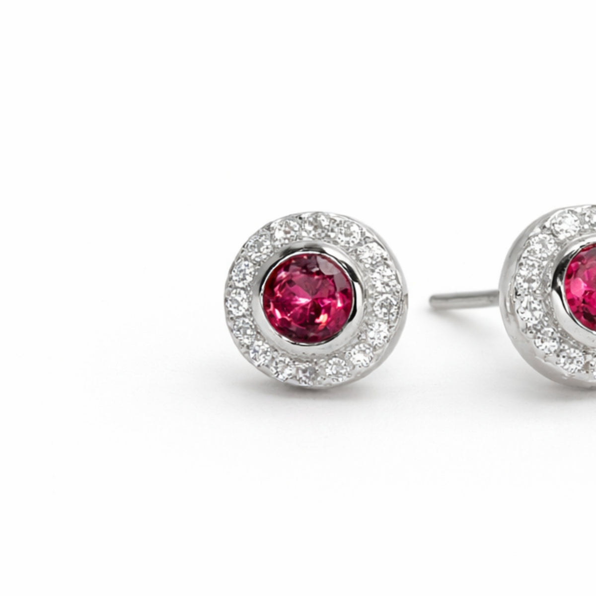 Silver Ruby & Zircon Round Earrings