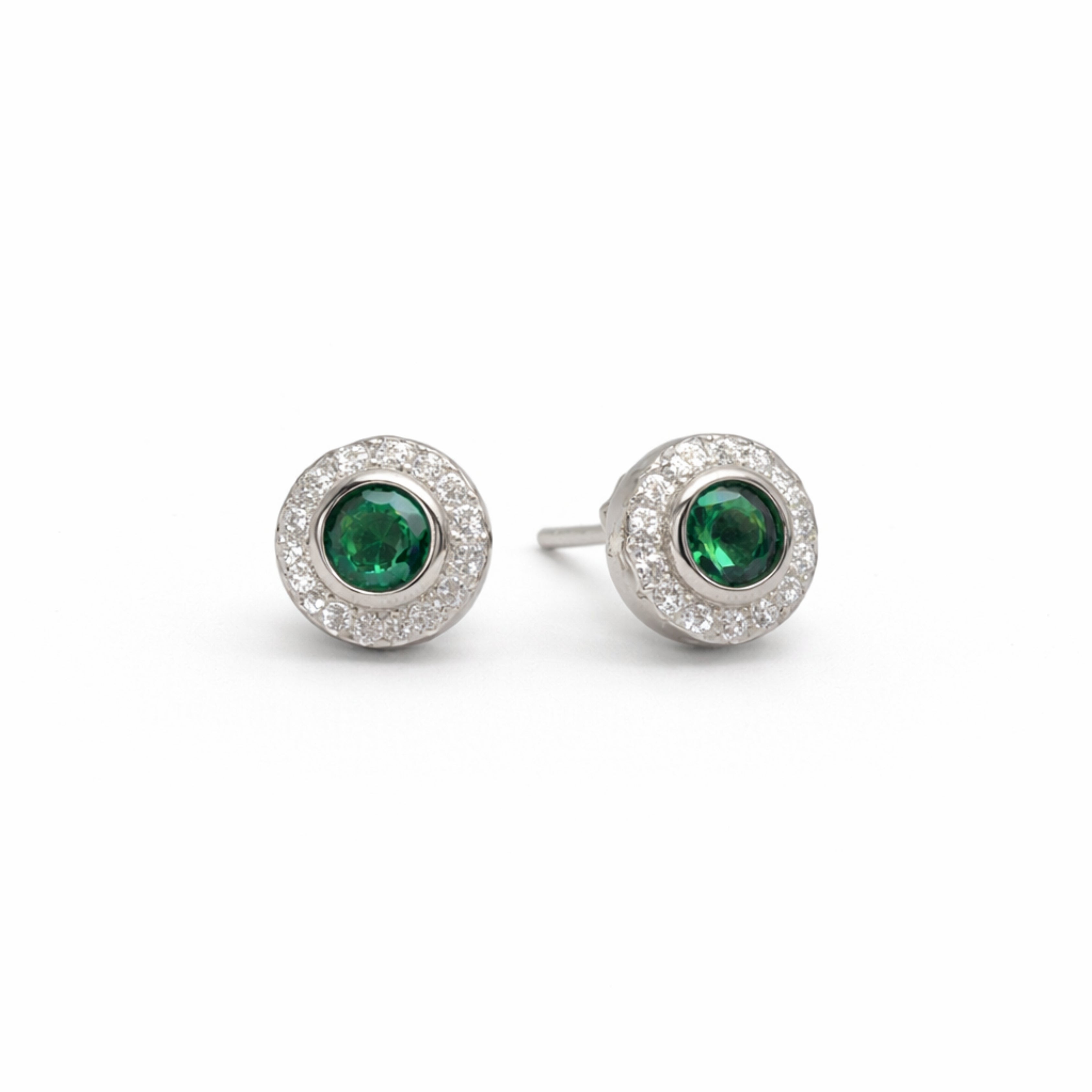 Silver Emerald & Zircon Round Earrings