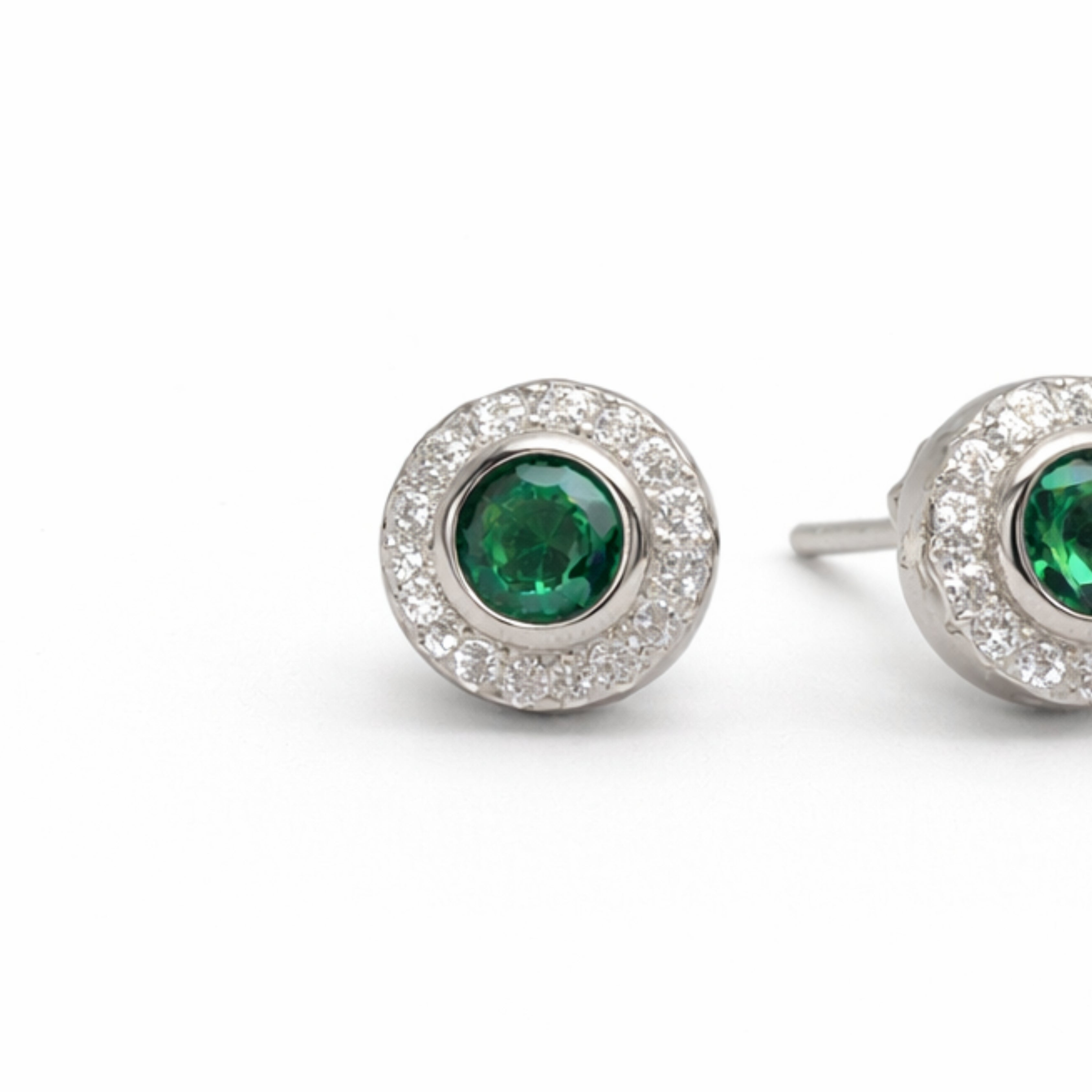 Silver Emerald & Zircon Round Earrings