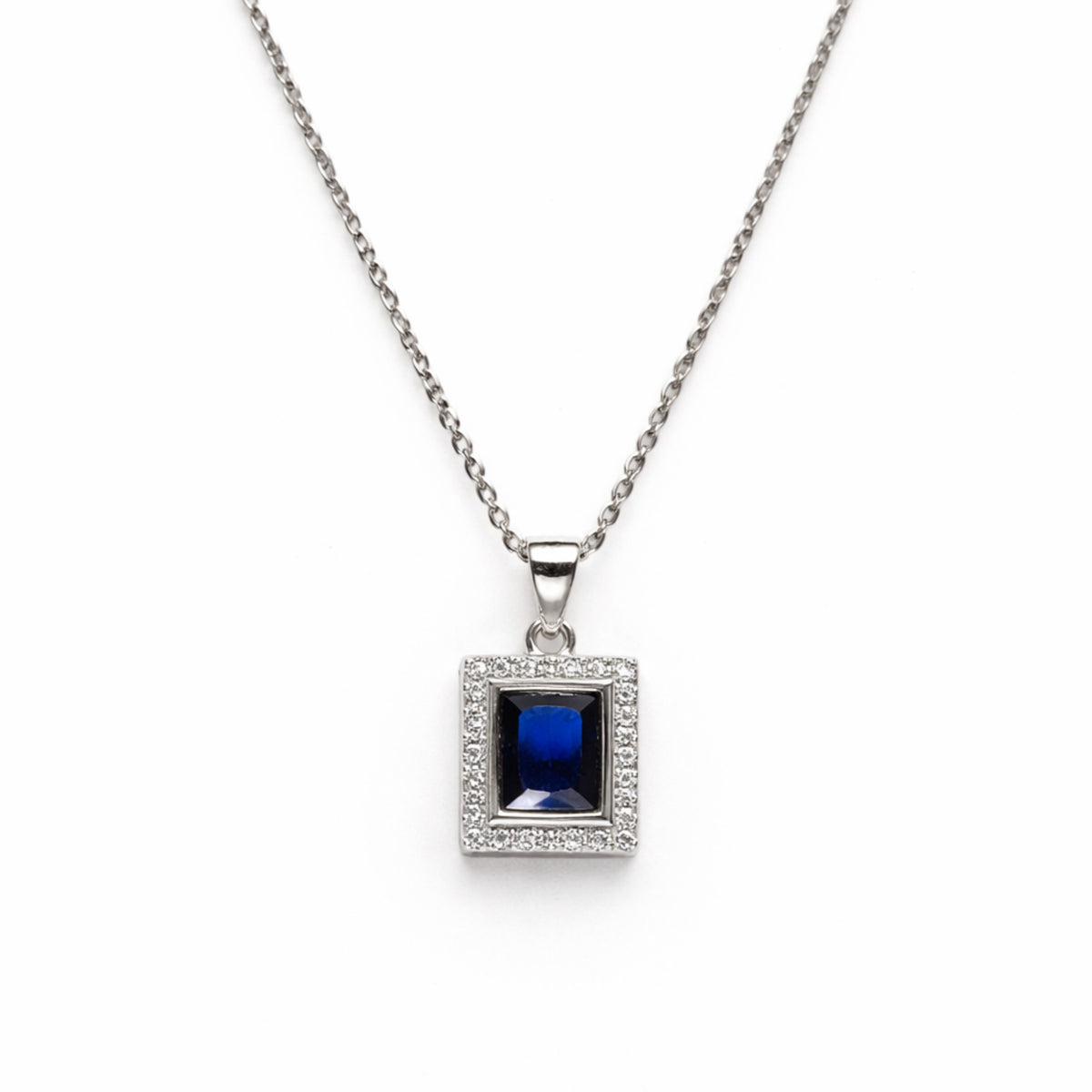 Silver Sapphire & Zircon Rectangle Pendant + Chain