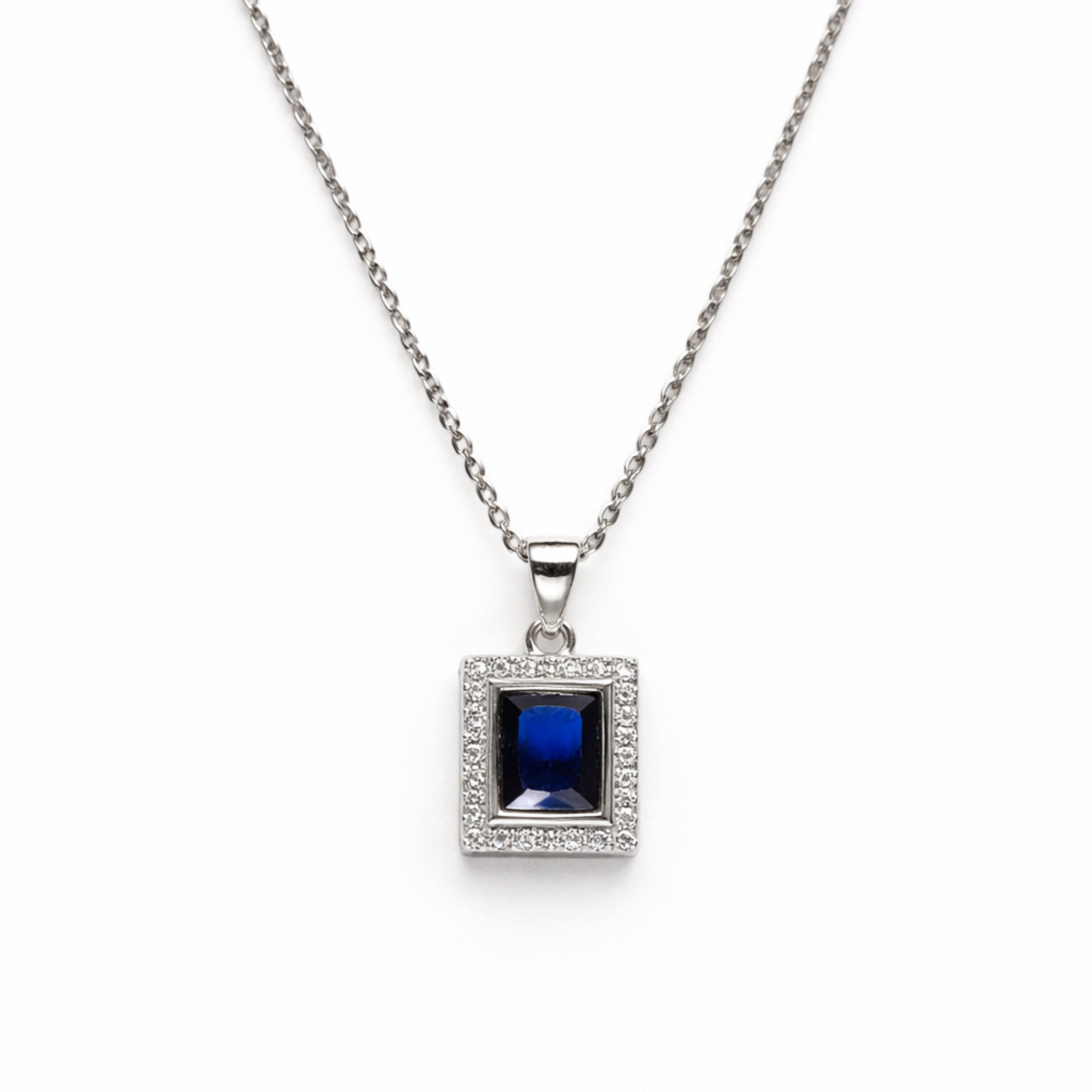 Silver Sapphire & Zircon Rectangle Pendant