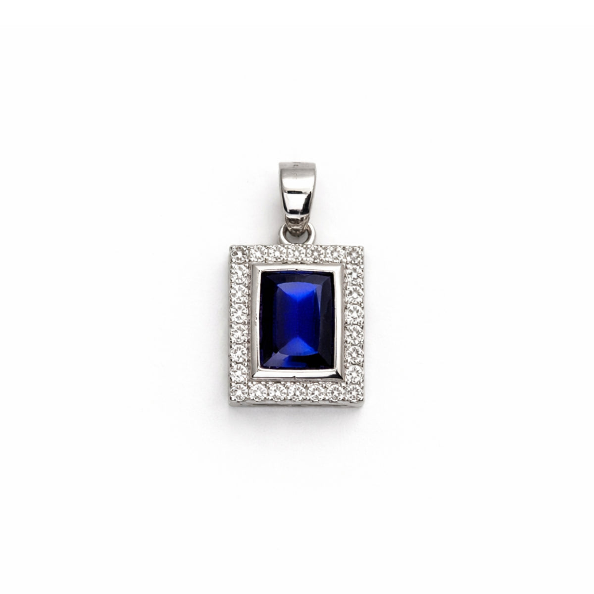 Silver Sapphire & Zircon Rectangle Pendant + Chain