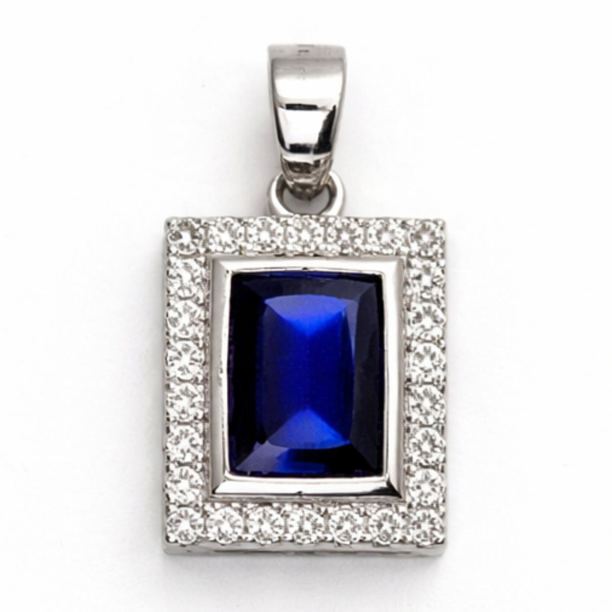 Silver Sapphire & Zircon Rectangle Pendant + Chain
