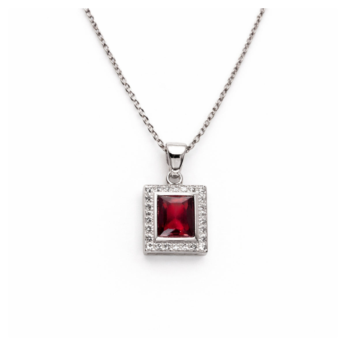 Silver Ruby & Zircon Rectangle Pendant + Chain