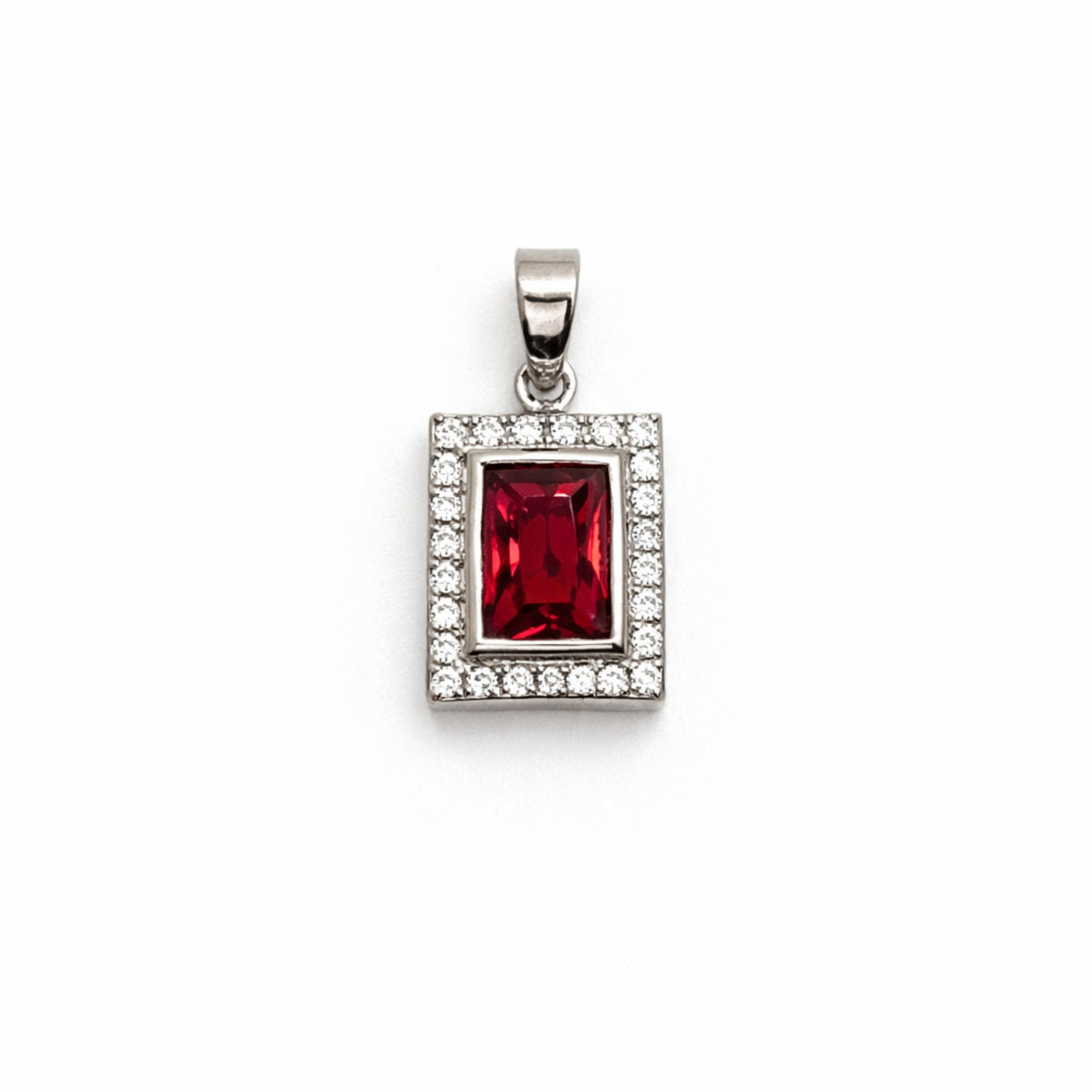 Silver Ruby & Zircon Rectangle Pendant + Chain