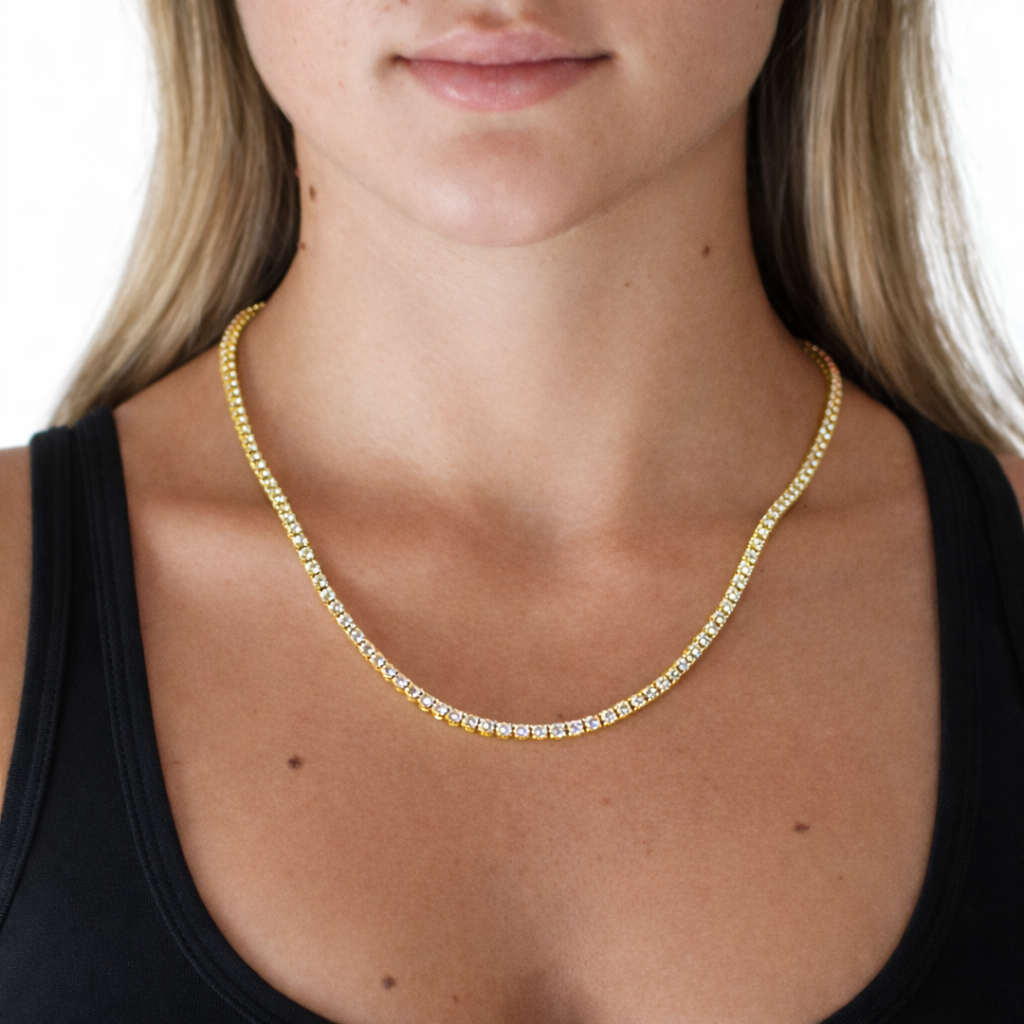 3mm Silver Moissanite Tennis Chain Yellow Gold Plated