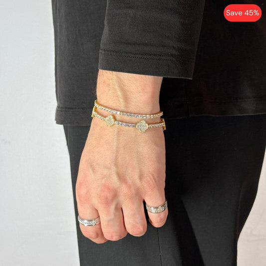 Bracelet de tennis en moissanite de 3 mm + bracelet de tennis en zircon à motif feuille de trèfle, plaqué or jaune 