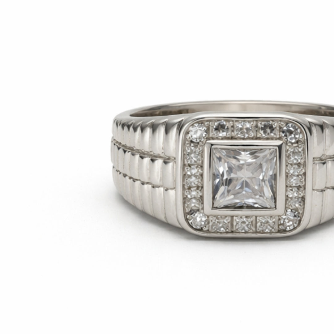Silver Square Zircon Men's Ring
