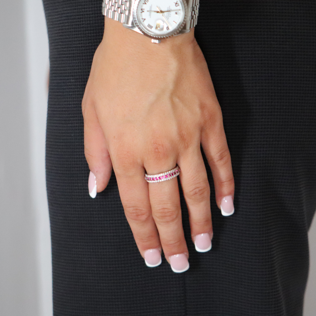 Silver Eternity Moissanite & Lab Ruby Ring