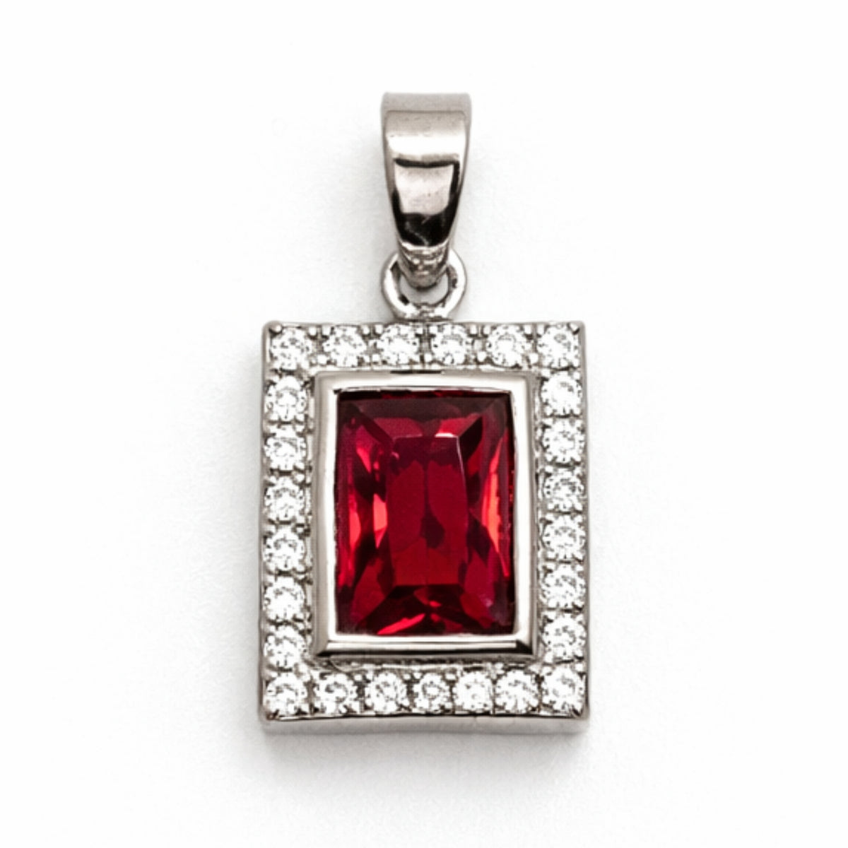 Silver Ruby & Zircon Rectangle Pendant + Chain